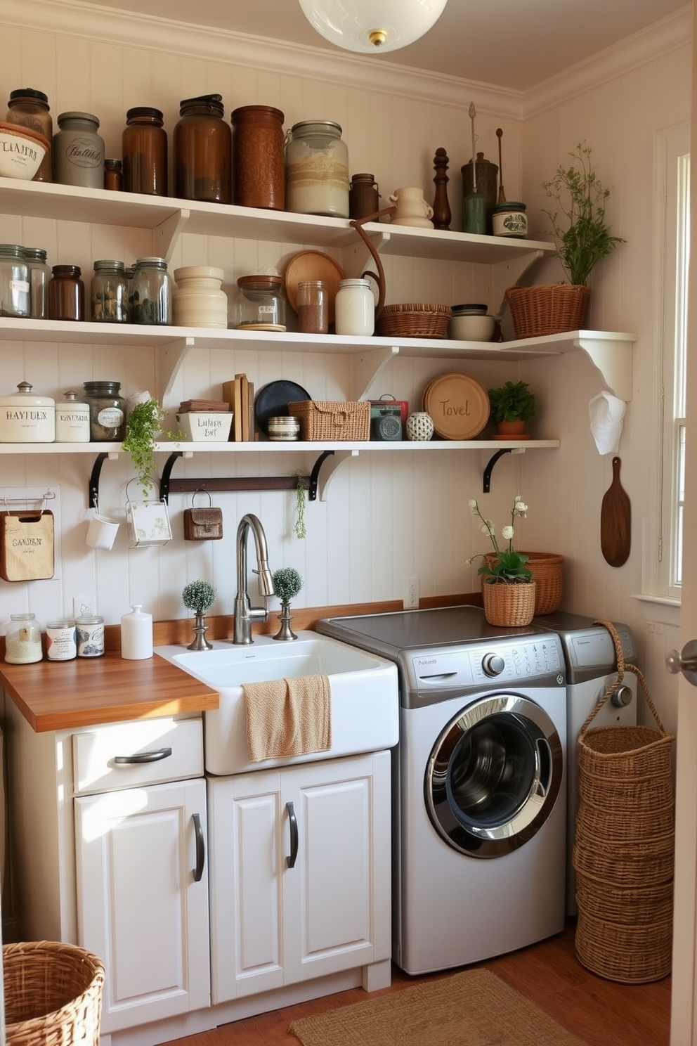 A vintage laundry room filled with charming decor. The walls are painted in a soft pastel color, and there are open shelves displaying antique jars and vintage laundry tools. A large farmhouse sink sits prominently in the center, surrounded by a wooden countertop. A retro washing machine and dryer are tucked neatly into a corner, adorned with decorative touches like potted plants and woven baskets.