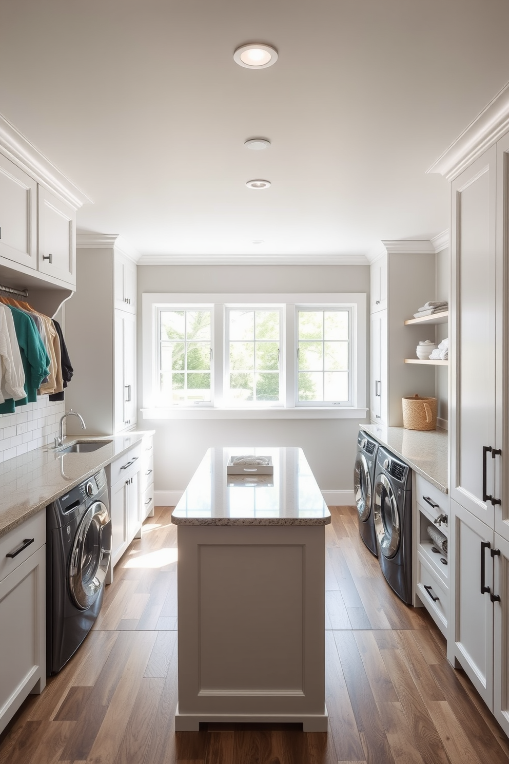 A spacious laundry room designed for maximum efficiency. The layout features ample counter space for folding clothes and a designated area for sorting laundry with built-in storage solutions. A large island in the center provides additional workspace and a convenient spot for sorting and organizing. Natural light floods the space through large windows, creating a bright and inviting atmosphere.