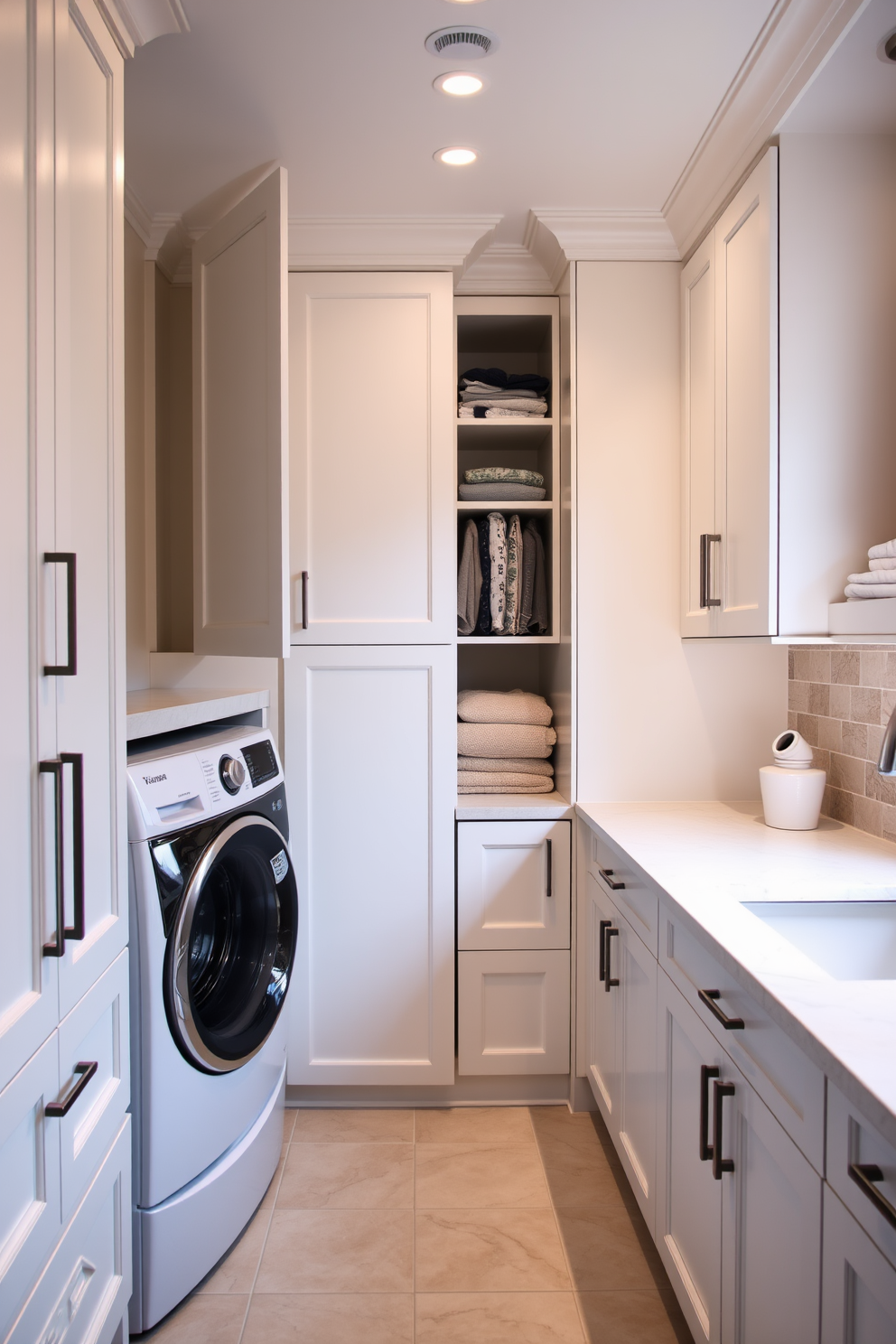 A spacious laundry room with hidden appliances behind sleek cabinet doors. The cabinetry features a modern finish in a soft white color, creating a clean and organized look. On one side, a large countertop provides ample space for folding clothes, while a stylish backsplash adds a touch of elegance. Soft lighting illuminates the room, enhancing the functionality and aesthetics of the space.