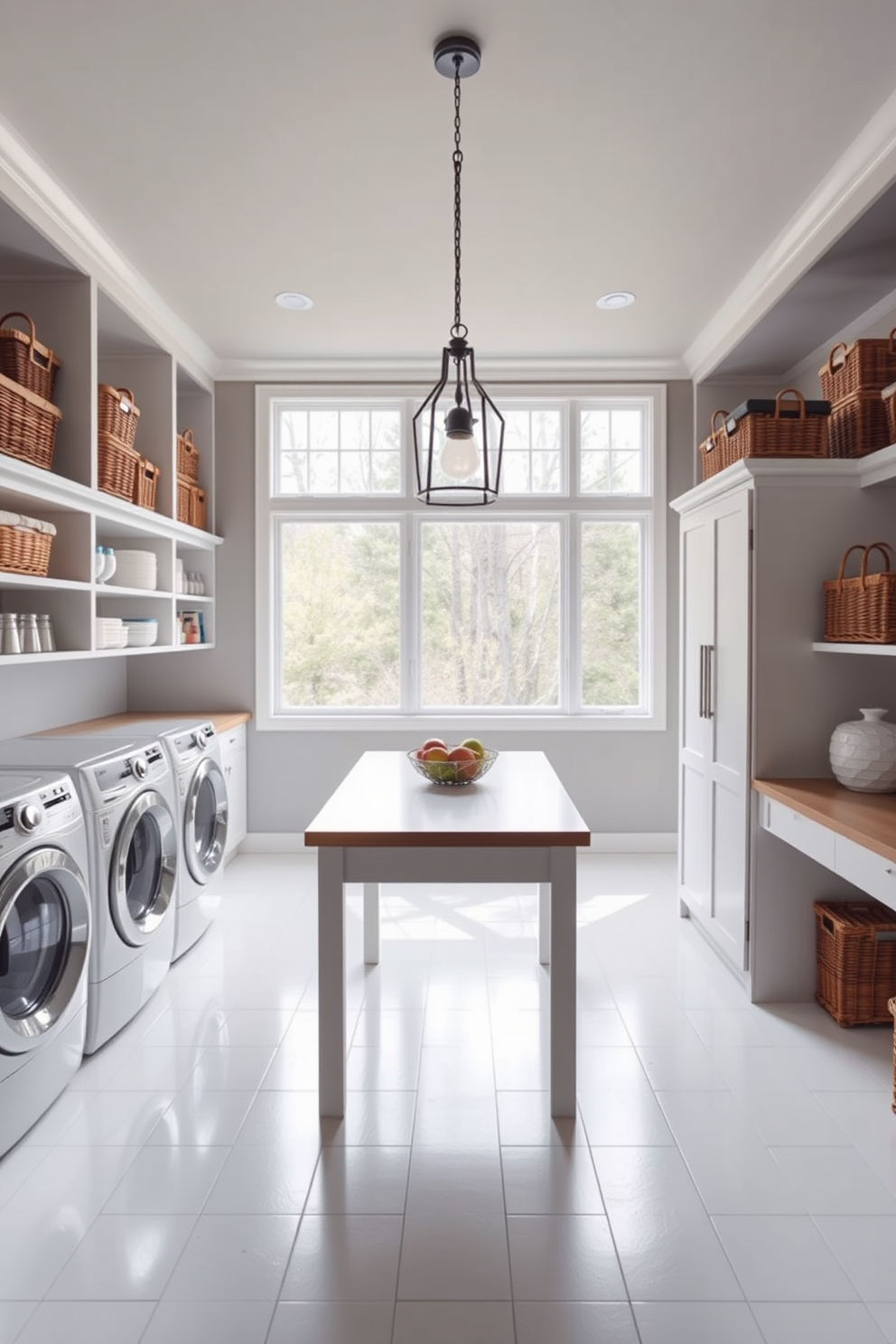 A large laundry room features decorative baskets arranged neatly on open shelving. The walls are painted in a soft gray, and the flooring is a durable white tile that complements the space. In the center, a spacious countertop provides ample space for folding clothes, with a stylish pendant light hanging above. A large window allows natural light to fill the room, enhancing the airy feel of the design.