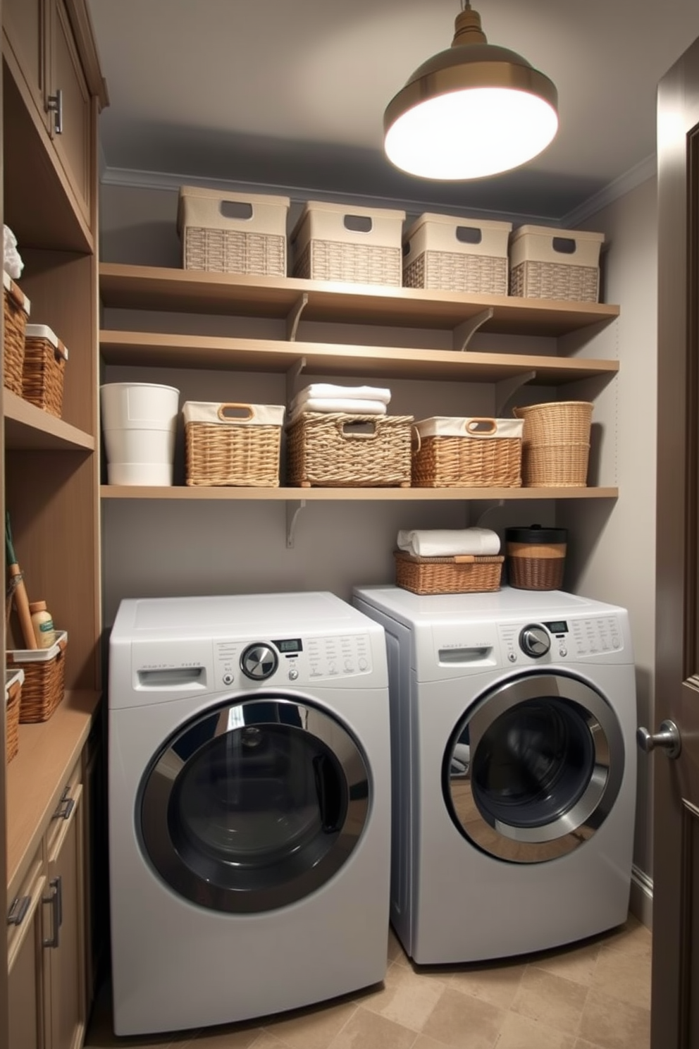 A spacious laundry room featuring open shelving for easy access storage. The shelves are filled with neatly organized baskets and decorative containers, providing both functionality and style.