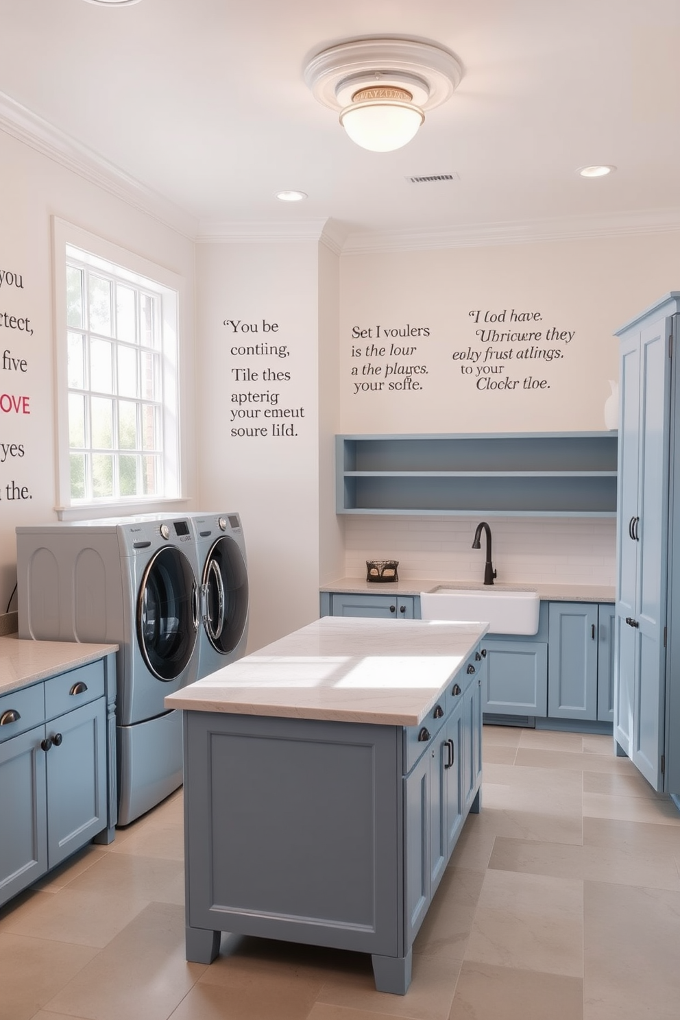 A spacious laundry room filled with natural light. The walls are adorned with inspirational quotes in elegant typography, creating a motivating atmosphere. The room features a large island in the center with a marble top for folding clothes. Stylish cabinetry in a soft blue hue provides ample storage, while a farmhouse sink adds a rustic touch.