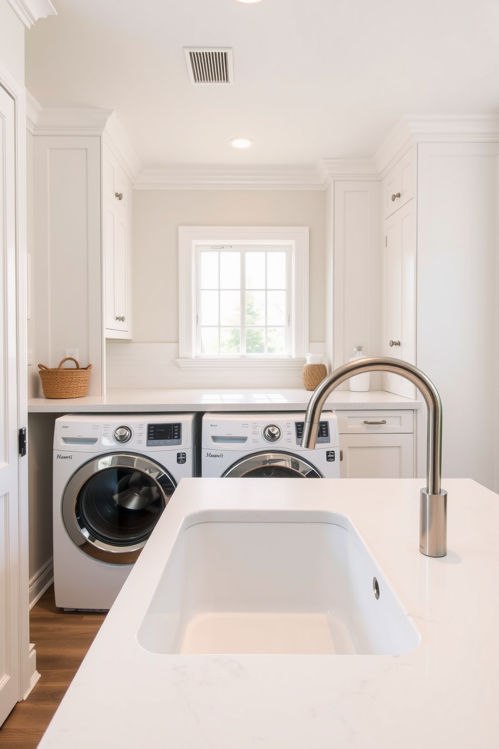 A spacious laundry room featuring a large laundry sink with a stylish modern faucet. The room is designed with ample storage cabinets, a countertop for folding clothes, and a bright color palette that enhances the light and airy atmosphere.