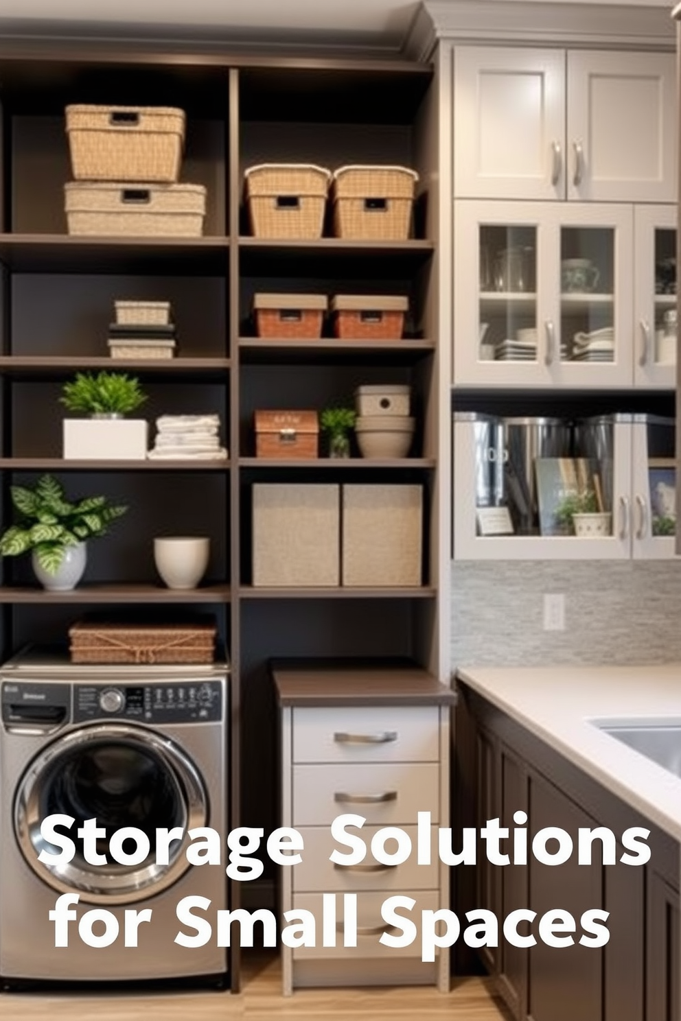 Vertical storage solutions for small spaces. Imagine a sleek, modern shelving unit that maximizes wall space, featuring a mix of open and closed storage options. The unit is adorned with decorative boxes and plants, creating an organized yet inviting atmosphere. Large laundry room design ideas. Envision a spacious laundry room with custom cabinetry for ample storage, complemented by a large countertop for folding clothes. The space includes a utility sink and a stylish backsplash, creating a functional and aesthetically pleasing environment.