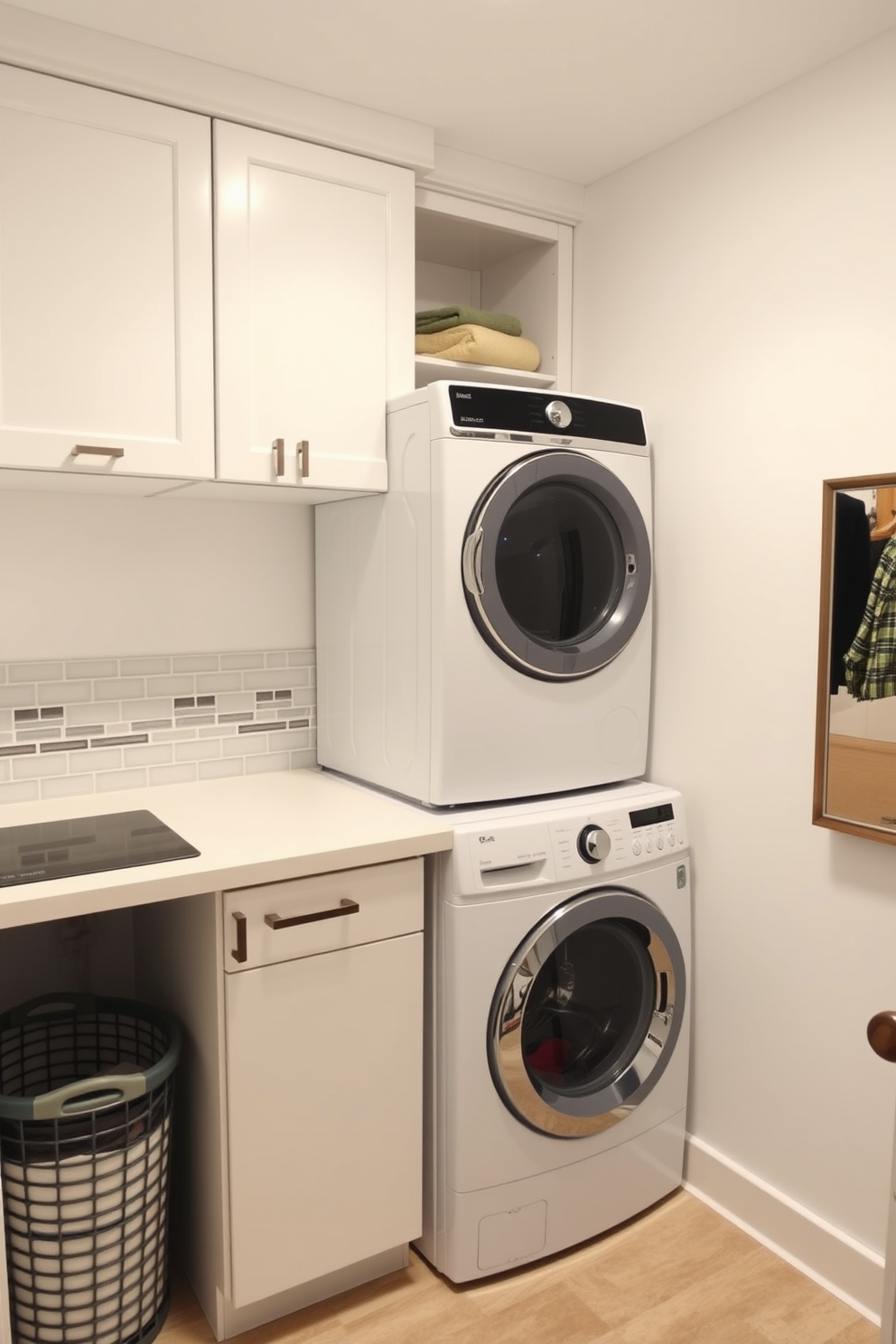 A spacious laundry room features a stacked washer and dryer unit placed against a wall for optimal efficiency. The room is designed with ample storage, including cabinets above the appliances and a countertop for folding clothes. Bright lighting illuminates the space, enhancing the clean lines and organized layout. A stylish backsplash adds a pop of color, while a laundry basket sits neatly in the corner for convenience.