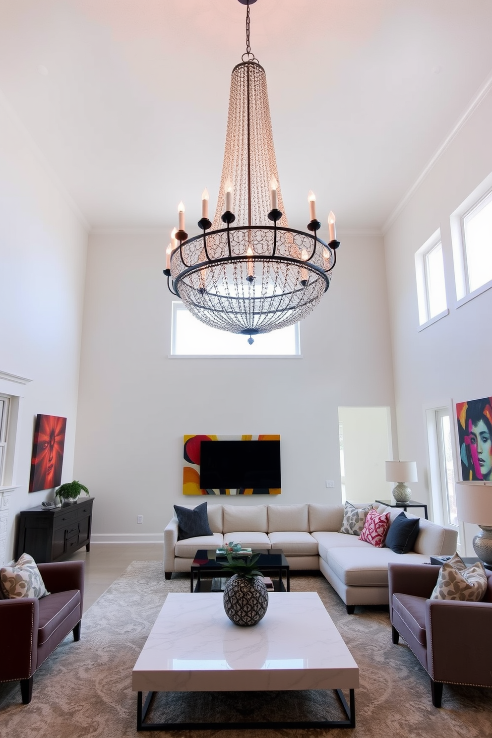 A statement chandelier hangs elegantly in the center of the spacious living room, drawing attention with its intricate design and warm lighting. The room features a blend of modern and traditional furnishings, with a plush sectional sofa and a sleek coffee table as focal points. The walls are painted in a soft neutral tone, enhancing the sense of openness and light. Large windows allow natural light to flood the space, complemented by strategically placed accent chairs and vibrant artwork that adds character.