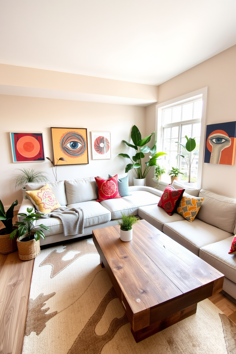 A spacious living room featuring a neutral color palette with soft beige walls and a light gray sectional sofa. Colorful accents are introduced through vibrant throw pillows, an abstract area rug, and a selection of eye-catching artwork on the walls. Natural light floods the room through large windows, highlighting a stylish coffee table made of reclaimed wood. Potted plants in various sizes add a touch of greenery and life to the space, creating a warm and inviting atmosphere.