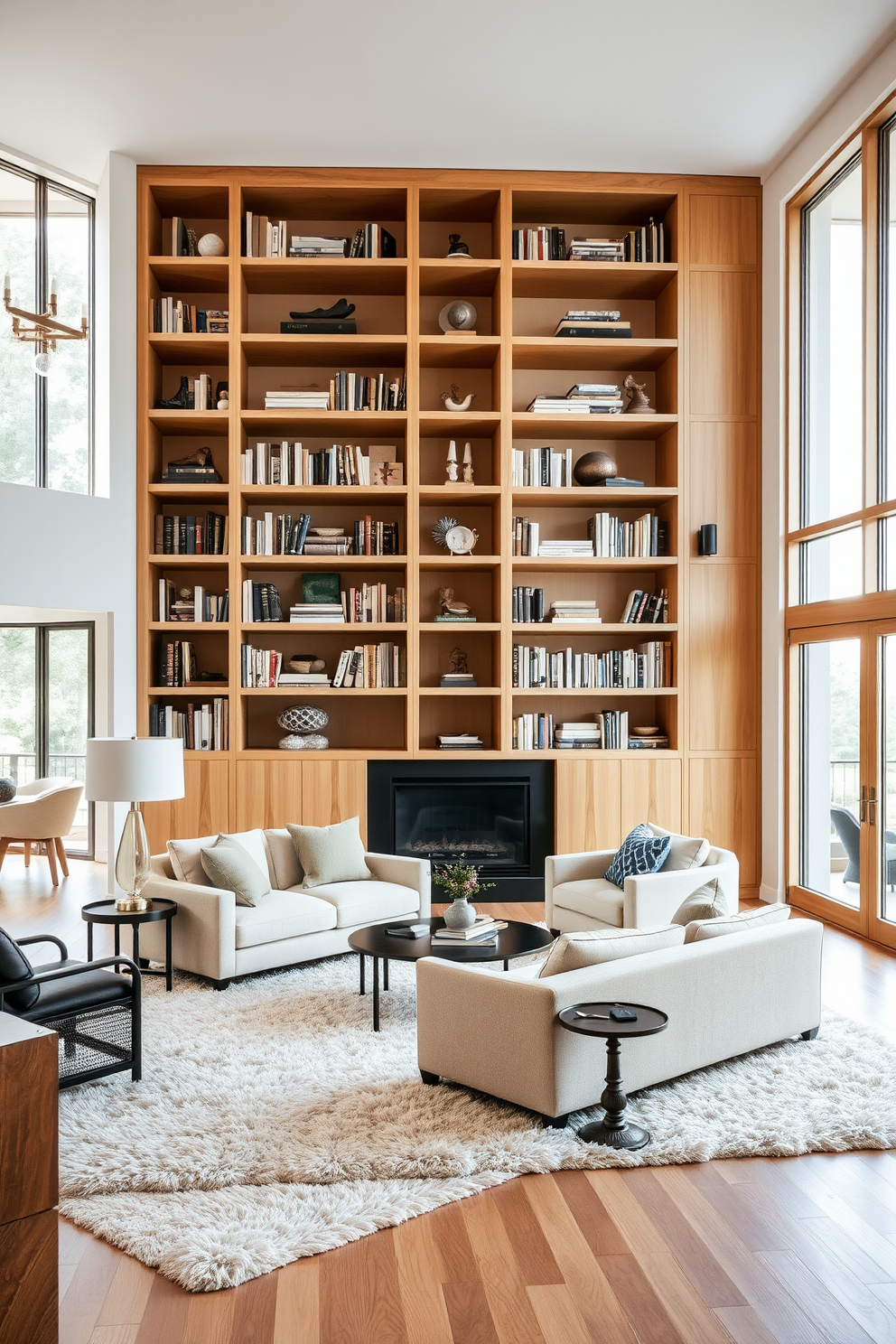 A spacious living room features open shelving that showcases a curated collection of books and decorative items. The shelves are made of natural wood, adding warmth to the room, while a cozy seating area invites relaxation and conversation. Large windows allow natural light to flood the space, highlighting the elegant furnishings and soft color palette. A plush area rug anchors the seating arrangement, creating a welcoming atmosphere perfect for entertaining guests.