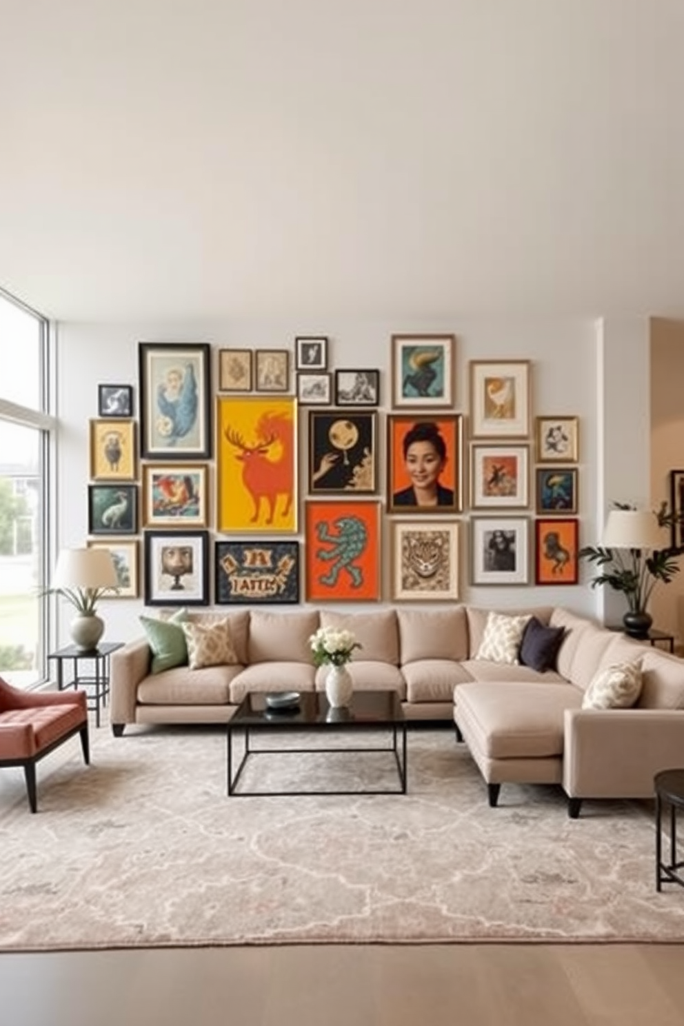 Art gallery wall with personal touches. A collection of framed artwork in various sizes creates an eclectic display, featuring vibrant colors and unique styles that reflect the homeowner's personality. Large living room design ideas. The space is anchored by a plush sectional sofa in a neutral tone, complemented by a large area rug that adds warmth and texture, while oversized windows flood the room with natural light.