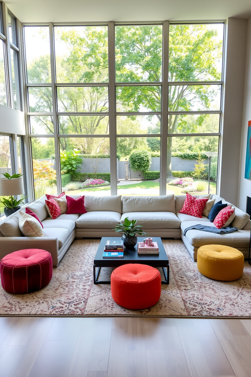 A spacious living room filled with natural light featuring large windows that overlook a beautiful garden. The seating area includes a plush sectional sofa in a neutral tone complemented by colorful poufs for flexible seating options. The walls are adorned with contemporary artwork that adds a pop of color to the space. A large area rug anchors the seating arrangement, and a stylish coffee table sits at the center, surrounded by decorative books and a vibrant plant.