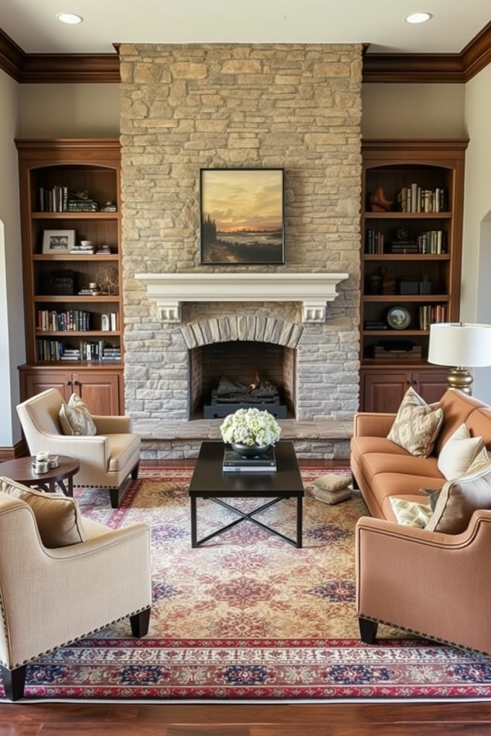 Create a cozy fireplace seating area that features a large stone fireplace as the focal point. Surround the fireplace with plush armchairs and a soft sectional sofa, all arranged to encourage conversation and relaxation. Incorporate warm, earthy tones in the upholstery and add a large area rug to define the space. Flank the fireplace with built-in bookshelves filled with books and decorative items, and place a coffee table in the center for functionality.