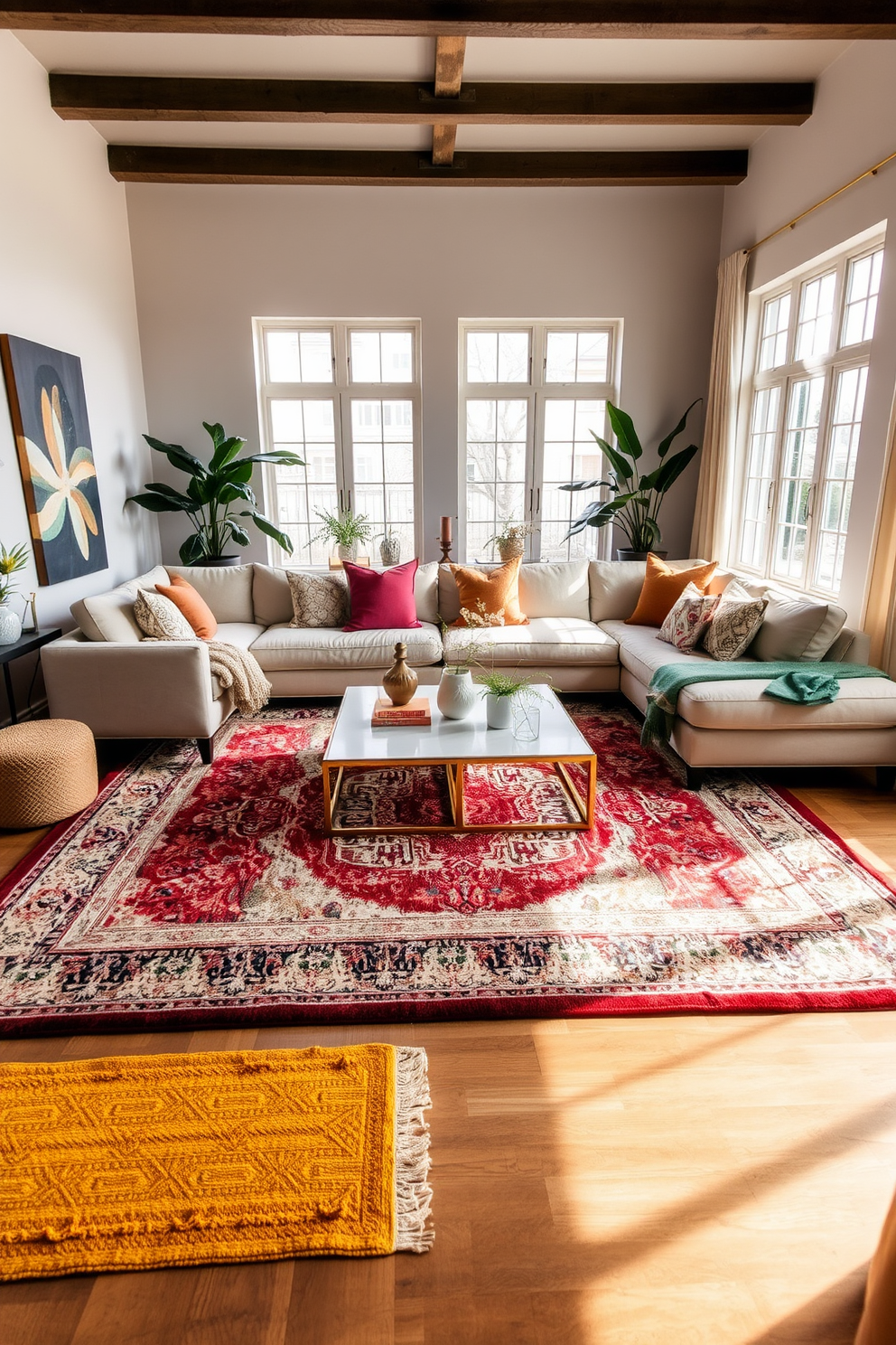 A spacious living room featuring layered rugs in various textures and colors to create depth and warmth. The room is designed with a large sectional sofa in a neutral tone, complemented by vibrant accent pillows and a chic coffee table at the center. Natural light floods the space through large windows, enhancing the warm ambiance. Decorative elements such as artwork and plants are strategically placed to add personality and style to the room.