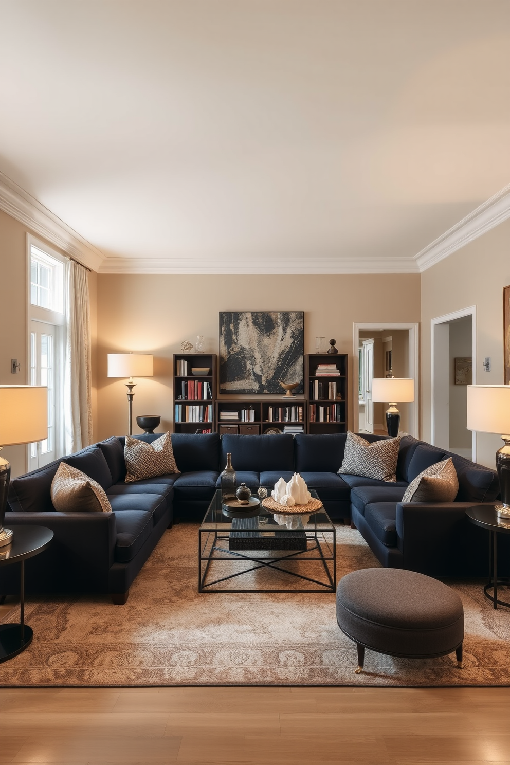 A spacious living room filled with natural light. The design features a combination of floor and table lamps that create a warm and inviting atmosphere. The walls are painted in a soft beige tone, complemented by a large sectional sofa in a rich navy fabric. A stylish coffee table sits in the center, surrounded by a mix of textured throw pillows and a cozy area rug. In one corner, a tall bookshelf is adorned with decorative items and books, while a large piece of artwork hangs above the sofa. The overall ambiance is elegant yet comfortable, perfect for both relaxation and entertaining.