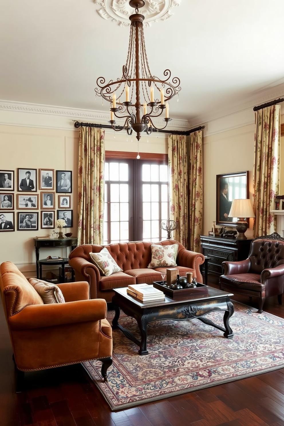 A spacious living room filled with vintage furniture that tells a story. A large, ornate chandelier hangs from the ceiling, casting a warm glow over the room. The centerpiece is a plush, tufted sofa upholstered in rich velvet, paired with a distressed leather armchair. An antique coffee table sits in front, adorned with a collection of vintage books and a decorative tray. On one wall, a gallery of framed black-and-white photographs adds a personal touch. The walls are painted in a soft cream color, complementing the dark hardwood floors. A patterned area rug anchors the seating area, providing comfort and style. Elegant curtains in a floral print frame the tall windows, allowing natural light to fill the space.