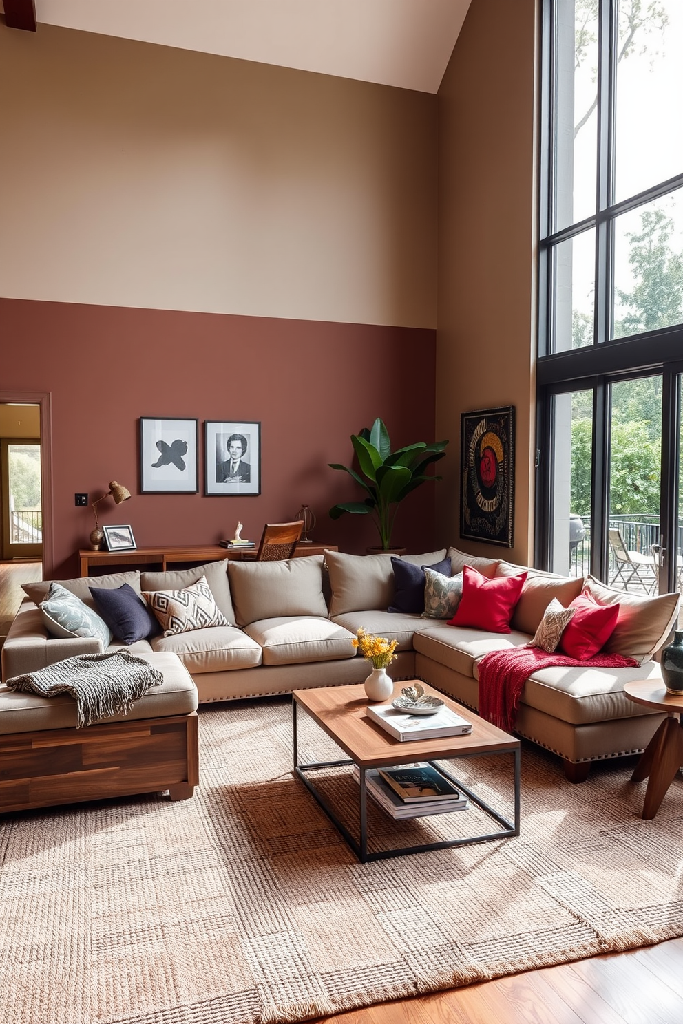 A multifunctional living room that seamlessly blends comfort and style. The space features a large sectional sofa with plush cushions, a coffee table that doubles as storage, and a cozy reading nook by the window. The color palette includes warm neutrals with pops of vibrant accents. Large windows allow natural light to flood the room, highlighting the textured area rug and stylish decor elements.