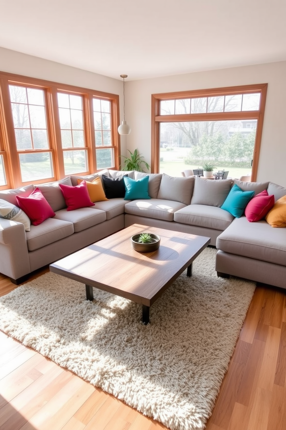 A spacious living room features a large sectional sofa in a soft gray fabric, providing ample seating for family and friends. The sectional is adorned with colorful throw pillows that add a pop of personality to the space. In front of the sectional, a sleek coffee table made of reclaimed wood sits atop a plush area rug, creating a cozy gathering spot. Large windows allow natural light to flood the room, highlighting the warm tones of the wooden flooring and the neutral walls.