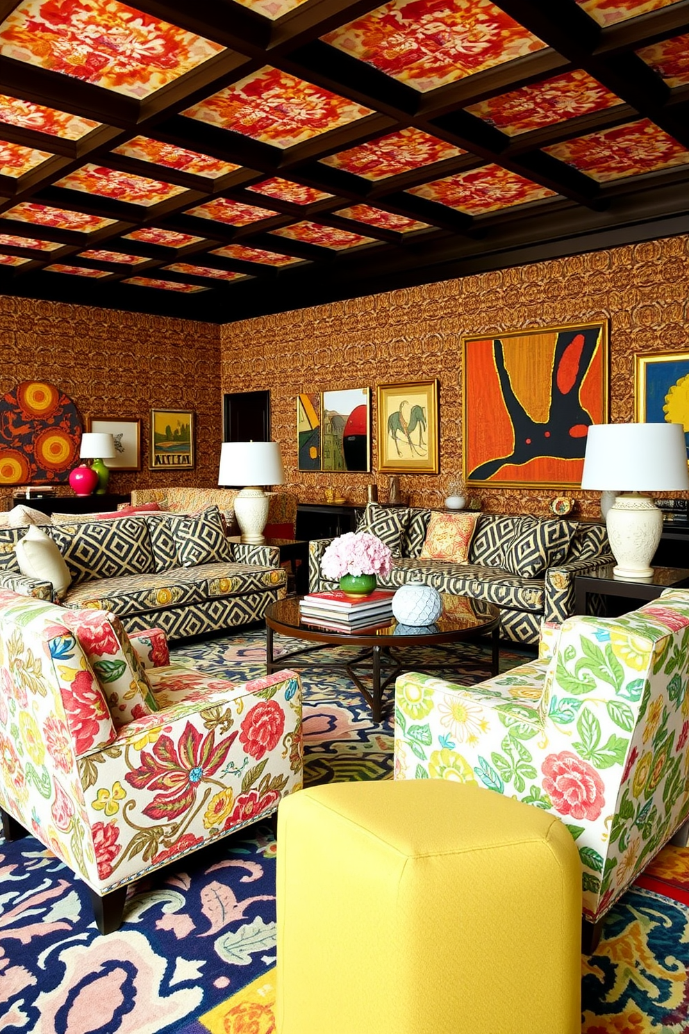 A large living room filled with bold patterns and vibrant colors. The furniture features a mix of geometric and floral upholstery, creating a dynamic visual impact. A spacious sectional sofa in a striking print anchors the room, complemented by oversized accent chairs in contrasting patterns. The walls are adorned with art pieces that echo the colors and styles of the upholstery, enhancing the overall aesthetic.