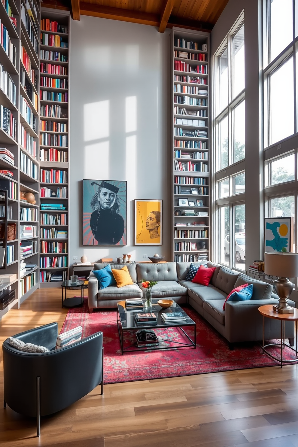 A spacious living room featuring tall bookshelves that reach up to the ceiling, filled with an array of books and decorative items. A large sectional sofa is positioned in the center, complemented by a stylish coffee table and a vibrant area rug. The walls are painted in a soft gray, creating a neutral backdrop for colorful artwork that adorns the space. Large windows allow natural light to flood the room, enhancing the airy feel and highlighting the carefully curated decor.