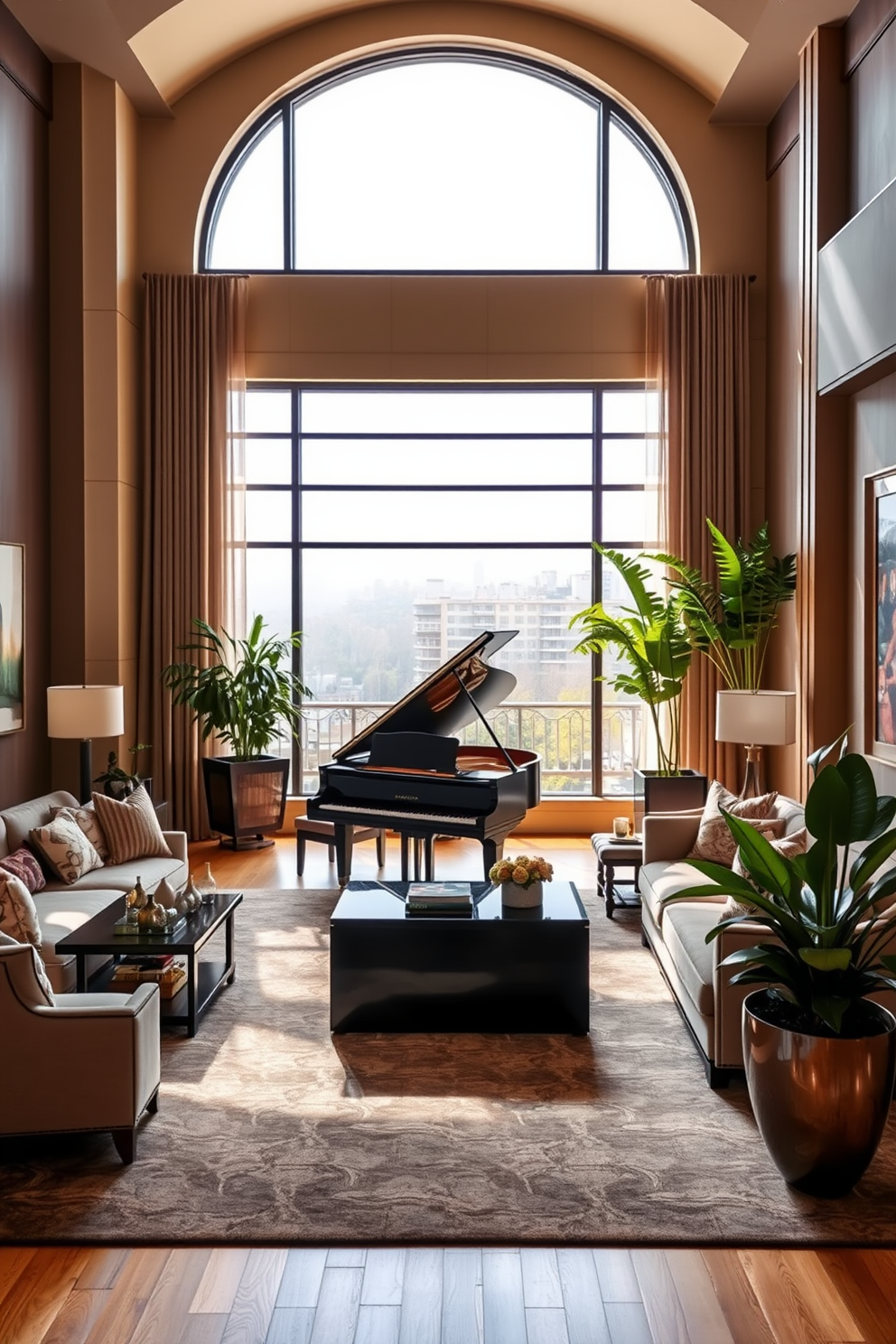 A spacious living room features a grand piano as the statement piece, elegantly positioned near a large window that allows natural light to flood the space. Surrounding the piano are plush seating arrangements with a mix of contemporary and classic furniture, creating a warm and inviting atmosphere. The walls are adorned with tasteful artwork that complements the room's color palette, while a large area rug anchors the seating area. Lush greenery in stylish planters adds a touch of nature, enhancing the overall sophistication of the design.