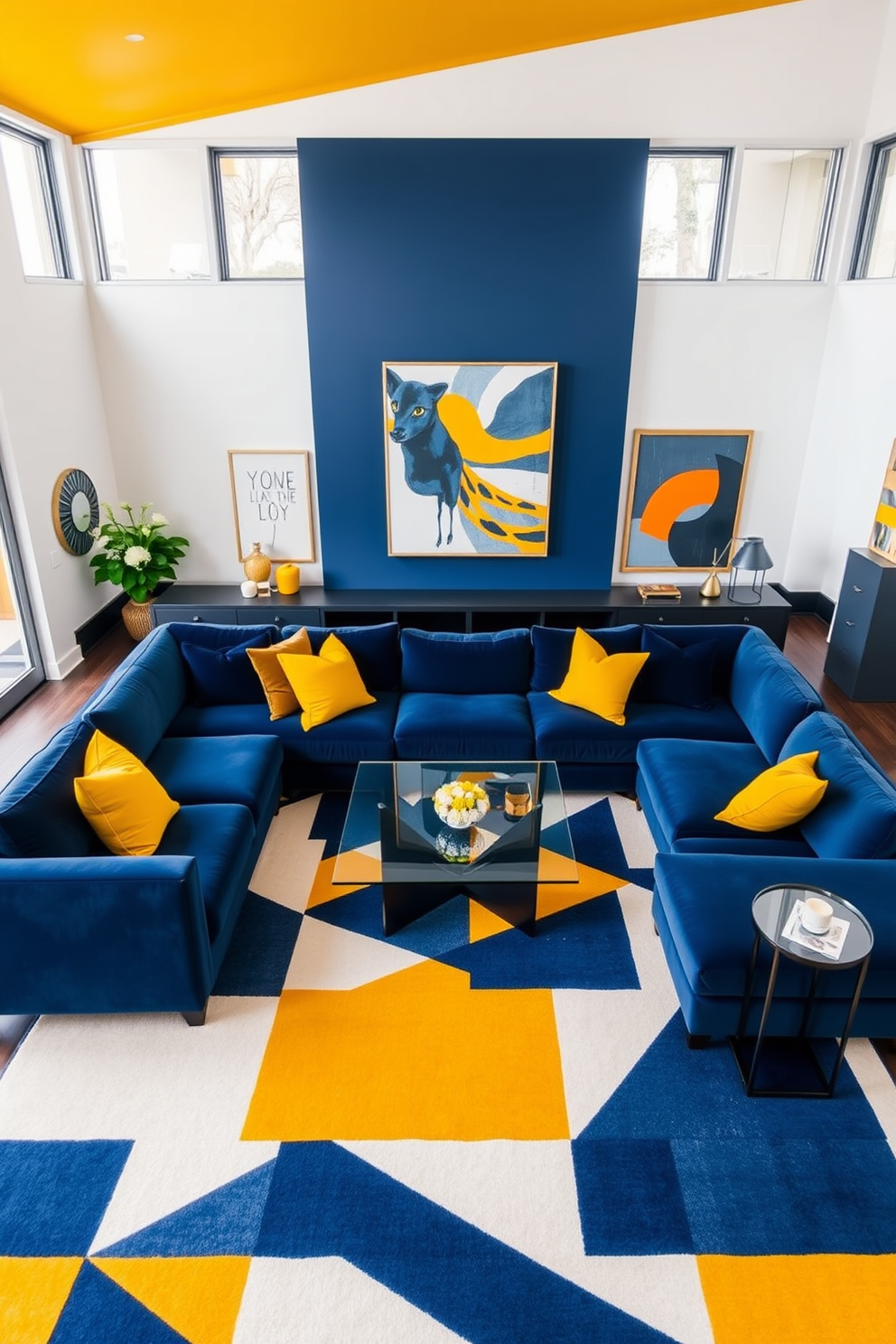 A large living room featuring bold color blocking with a striking contrast between deep navy blue and vibrant mustard yellow. The space is anchored by a plush sectional sofa in navy, complemented by mustard yellow accent pillows and a geometric area rug that ties the colors together. Floor-to-ceiling windows allow natural light to flood the room, highlighting the modern art pieces displayed on the walls. A sleek glass coffee table sits at the center, surrounded by stylish side tables that echo the color scheme.