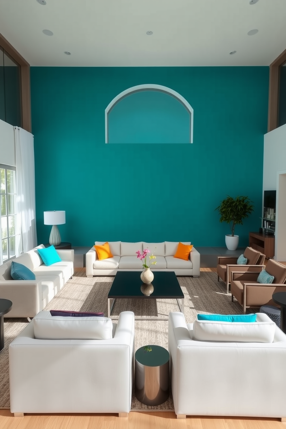 A large living room features a bold accent wall painted in a vibrant teal color that creates a striking focal point. The space is furnished with a plush sectional sofa in neutral tones, complemented by colorful throw pillows that echo the wall's hue. Natural light floods the room through oversized windows adorned with sheer white curtains. A modern coffee table sits in the center, surrounded by stylish accent chairs that invite conversation and relaxation.