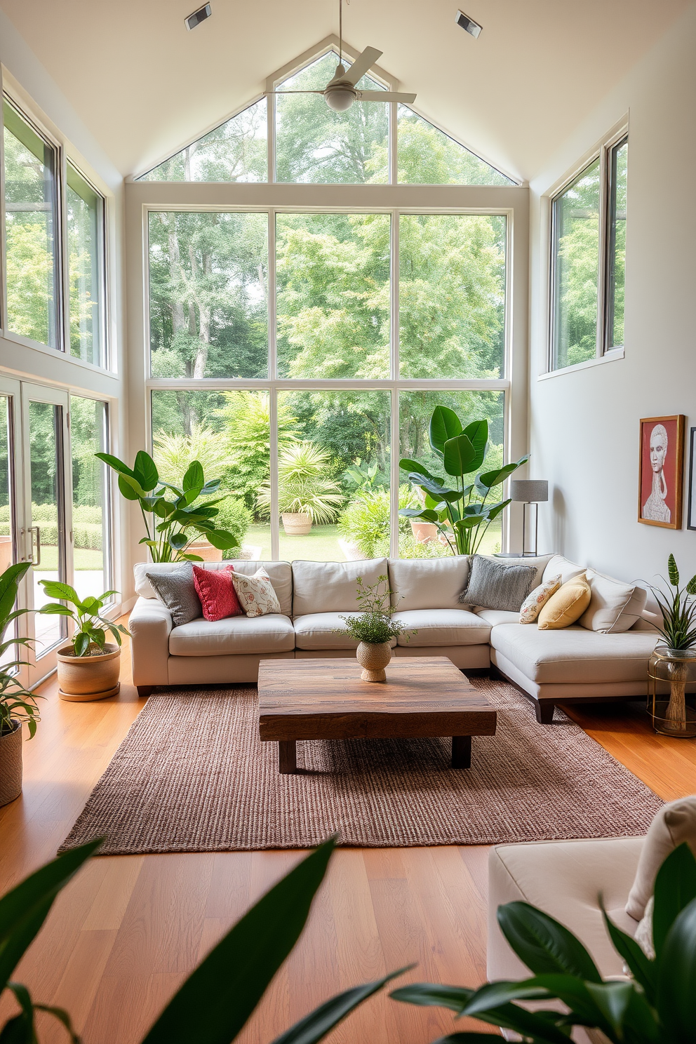 A spacious living room filled with natural light features large windows that open up to a beautiful garden. The room is adorned with lush indoor plants placed strategically around the space, adding vibrant greenery and a touch of nature. A comfortable sectional sofa in soft beige is complemented by a textured area rug in warm tones. A stylish coffee table made of reclaimed wood sits at the center, surrounded by decorative cushions and a few art pieces on the walls.