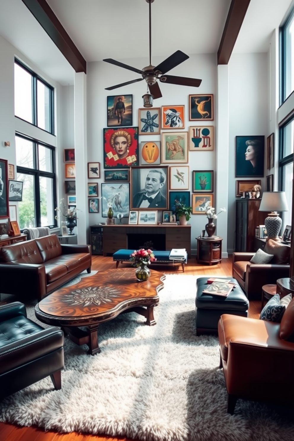 A large living room filled with a blend of modern and vintage furniture styles. A sleek leather sofa is paired with an ornate wooden coffee table, creating an inviting focal point in the space. The walls are adorned with eclectic art pieces that reflect a mix of contemporary and classic influences. A plush area rug anchors the seating area, while oversized windows allow natural light to flood the room, enhancing the vibrant color palette.