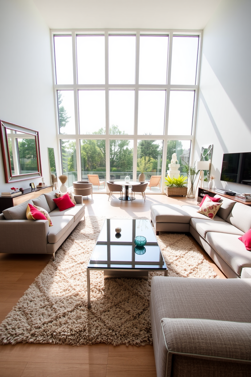 A spacious living room filled with natural light. The room features a large sectional sofa in a soft gray fabric, accented by colorful throw pillows. A sleek coffee table made of glass and metal sits in the center, surrounded by a plush area rug. Floor-to-ceiling windows offer a stunning view of the outdoors, while strategically placed mirrors reflect the light and create an airy atmosphere. On one wall, a modern entertainment center displays a flat-screen TV and decorative accessories. The walls are painted in a warm white tone, enhancing the room's brightness and making it feel inviting.