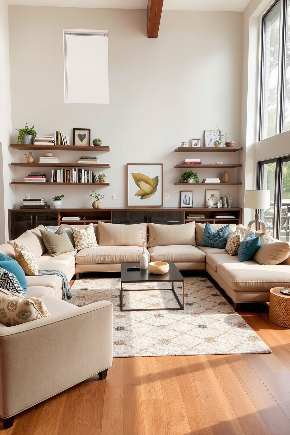 A spacious living room features floating shelves elegantly mounted on the walls, showcasing a curated collection of decorative items such as books, plants, and art pieces. The room is filled with natural light from large windows, and a plush sectional sofa is arranged to create a cozy conversation area. The color palette includes soft neutrals with pops of color from accent pillows and artwork. A large area rug anchors the seating arrangement, while a stylish coffee table sits at the center, inviting relaxation and social gatherings.