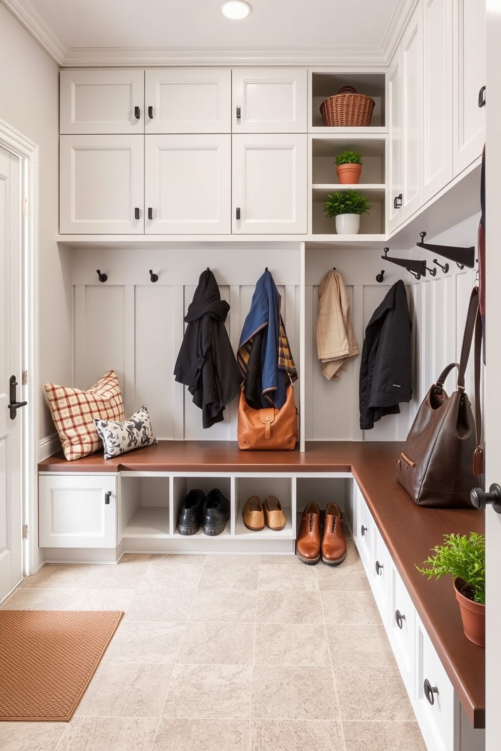 Spacious built-in storage benches for seating create a functional and inviting entryway. The benches are designed with soft cushions and surrounded by hooks for coats and bags, providing ample storage while maintaining a clean aesthetic. Large mudroom design ideas feature a combination of cabinetry and open shelving for organization. The space includes a durable floor material that can withstand heavy use, along with decorative elements like potted plants and wall art to enhance the overall look.