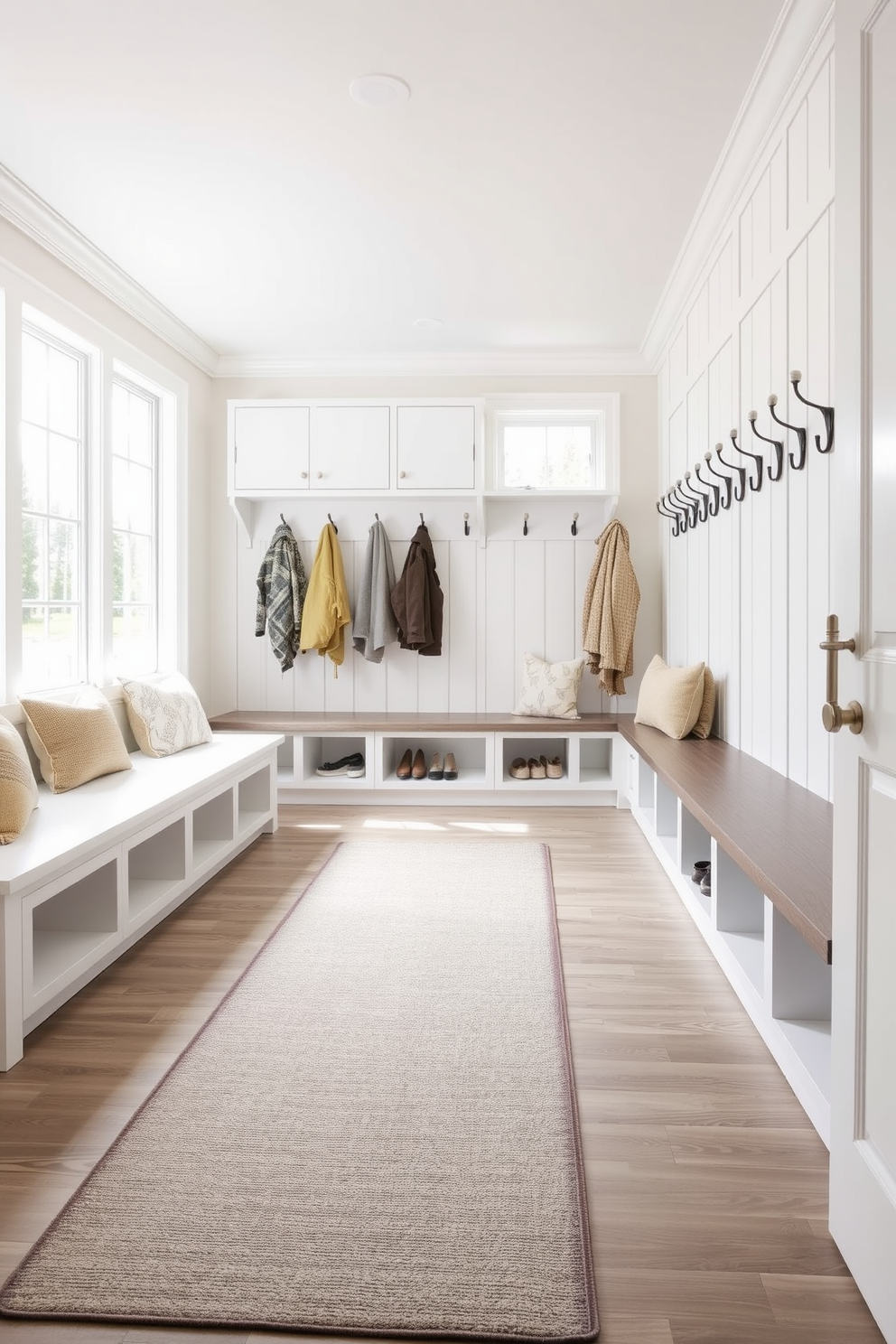 A spacious mudroom featuring weather-resistant rugs that provide both comfort and durability. The room is designed with ample storage solutions, including built-in benches and cubbies for shoes and outerwear. Natural light floods the space through large windows, highlighting the neutral color palette of soft grays and whites. Decorative hooks line the walls, offering a stylish yet functional way to organize coats and accessories.