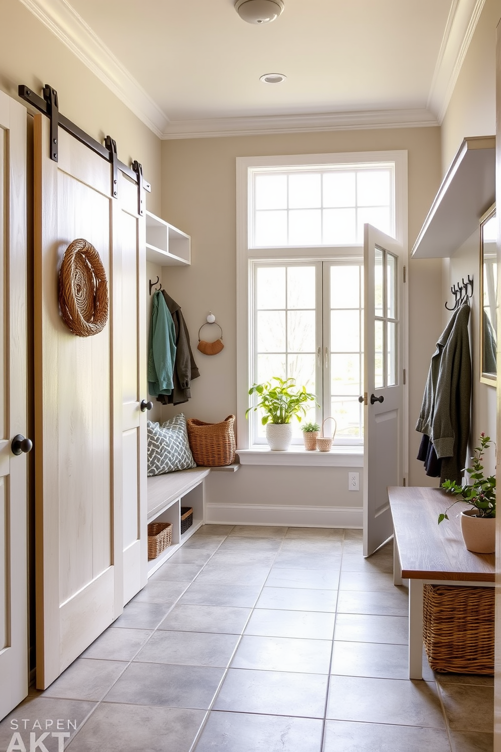 A stylish mudroom featuring sliding barn doors that enhance space-saving functionality. The room includes built-in storage benches and hooks for coats, with a durable tile floor that withstands heavy foot traffic. Natural light floods the space through a large window, illuminating the neutral color palette. Decorative elements like potted plants and baskets add warmth and organization to the design.