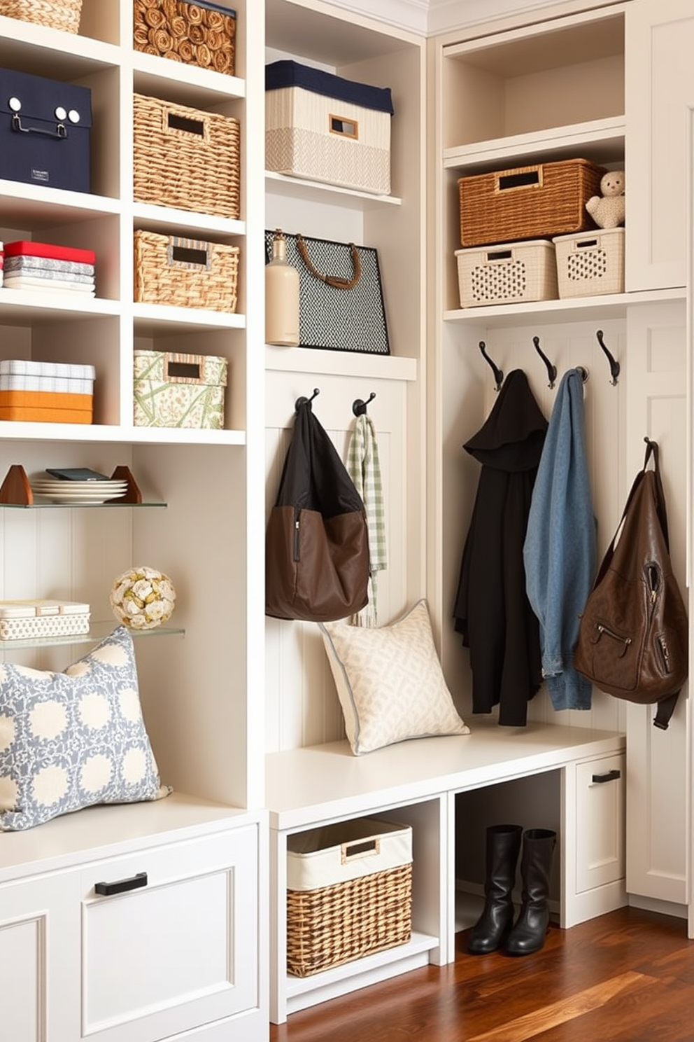 Vertical storage solutions for small spaces. Utilize tall shelving units that reach the ceiling to maximize storage without taking up floor space. Incorporate hooks and wall-mounted organizers to keep items easily accessible and off the ground. Use decorative baskets or bins to maintain a tidy appearance while providing functional storage. Large mudroom design ideas. Create a spacious entryway with built-in benches for seating and storage underneath for shoes. Include a combination of open and closed cabinetry to organize coats and accessories while maintaining a stylish aesthetic.