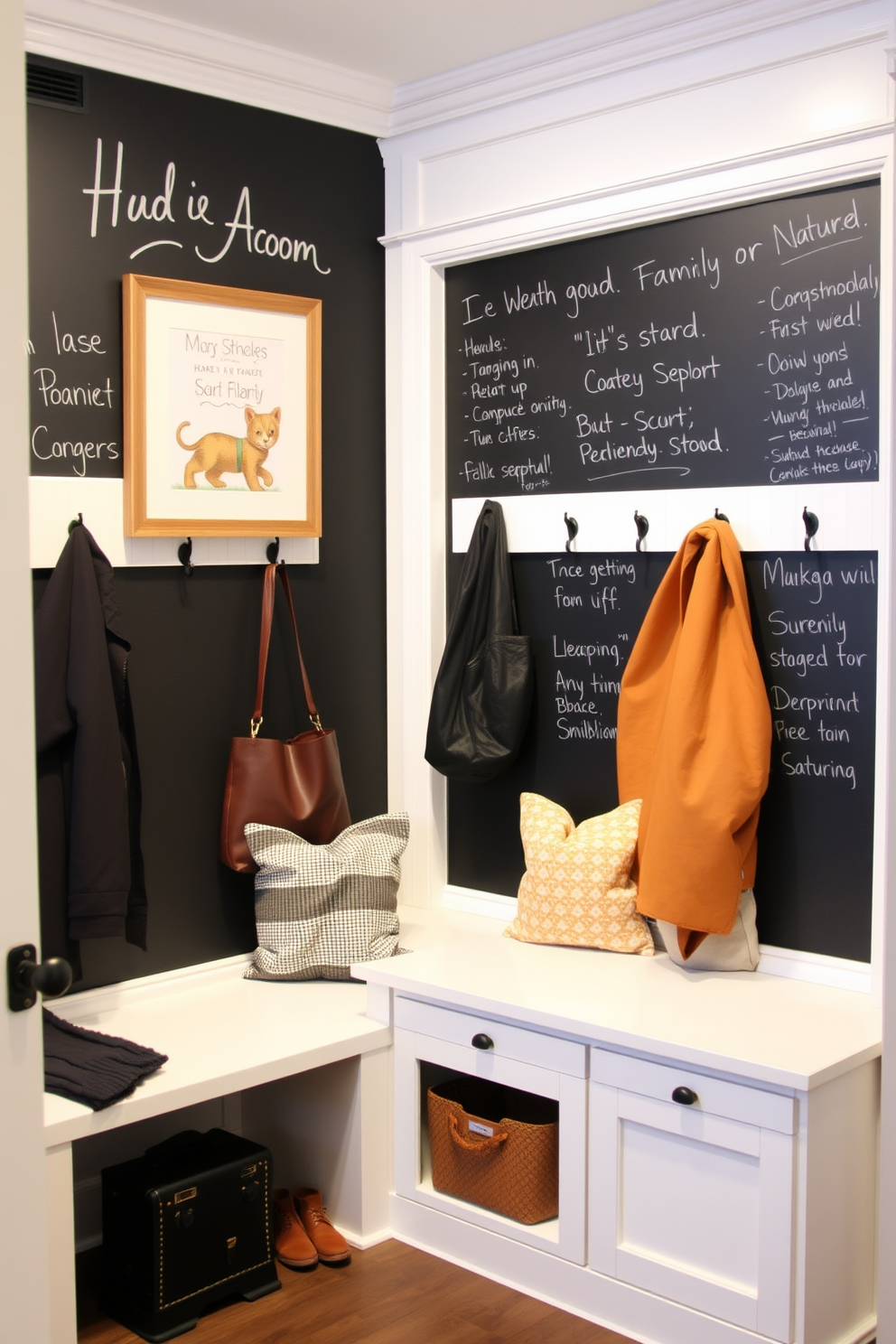 A cozy mudroom featuring a large chalkboard wall for family messages and notes. The space includes built-in benches with storage underneath and hooks for hanging coats and bags.