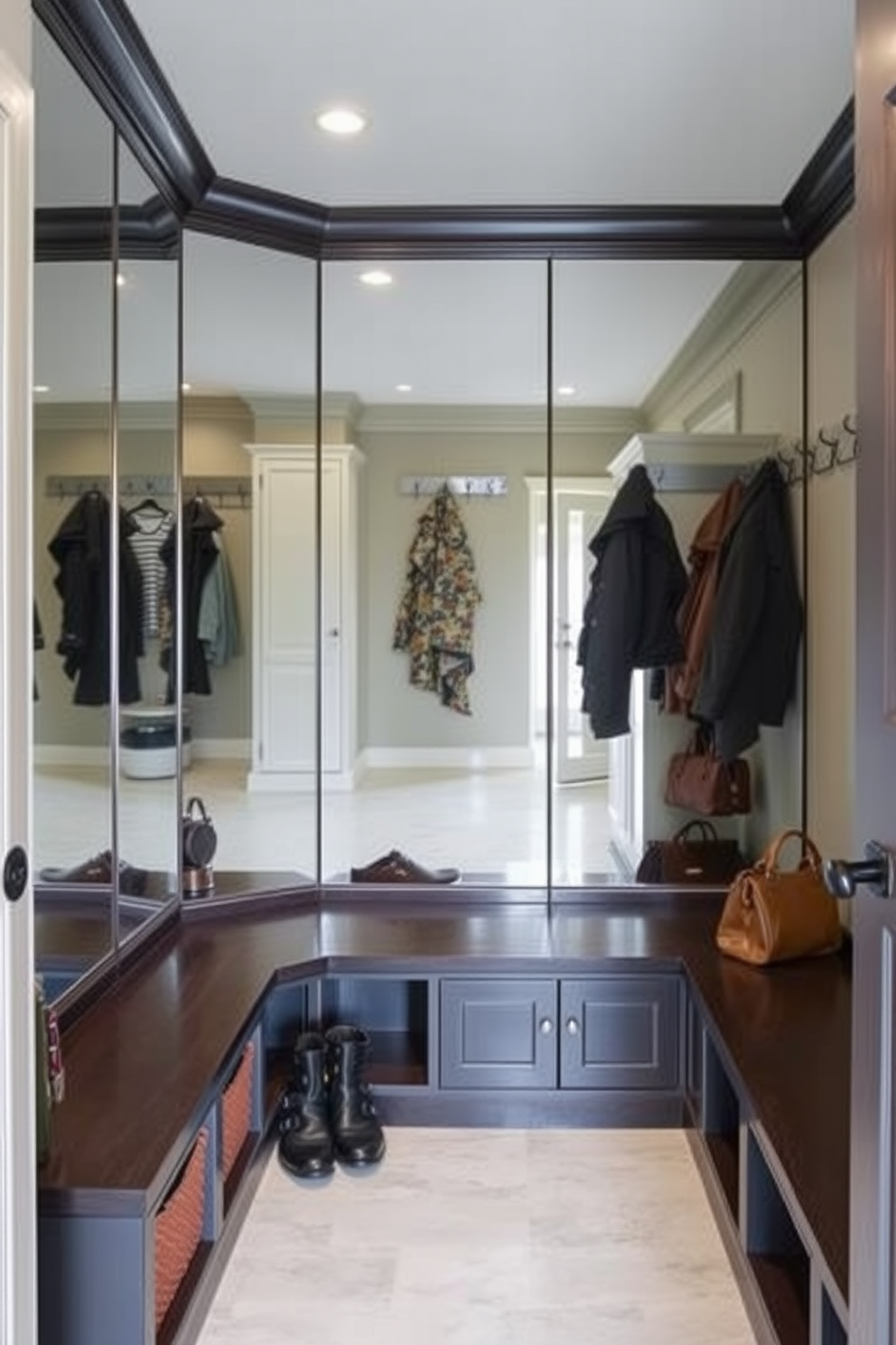 A stylish mudroom featuring a large mirrored wall designed for quick outfit checks. The space includes built-in benches with storage underneath and hooks for hanging coats and bags.