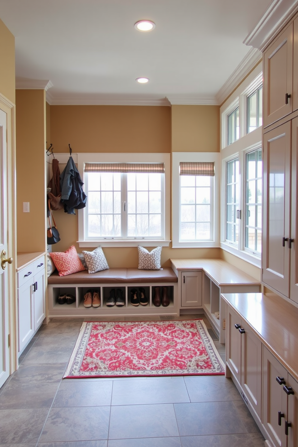 A functional drop zone for everyday items features a built-in bench with comfortable cushions and hooks above for hanging coats and bags. The walls are painted in a warm neutral tone, and the floor is covered with durable tile that can withstand heavy foot traffic. Large mudroom design ideas include ample storage solutions such as cubbies and cabinets to organize shoes and outdoor gear. A stylish area rug adds a pop of color, while large windows provide natural light and a welcoming atmosphere.