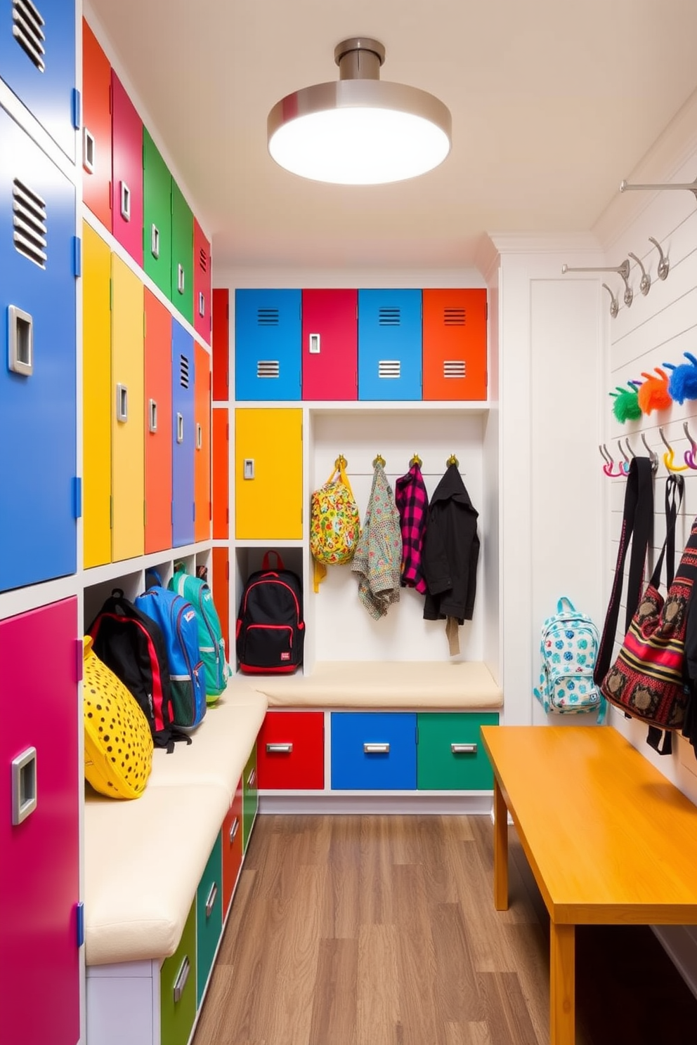 Colorful lockers for kids backpacks and gear. The lockers are arranged in a playful pattern, featuring bright colors like blue, red, and yellow, each with a personal name tag for organization. Large mudroom design ideas. The space includes built-in benches with plush cushions, ample storage for shoes and coats, and a cheerful wall of hooks in various colors to keep everything tidy and accessible.