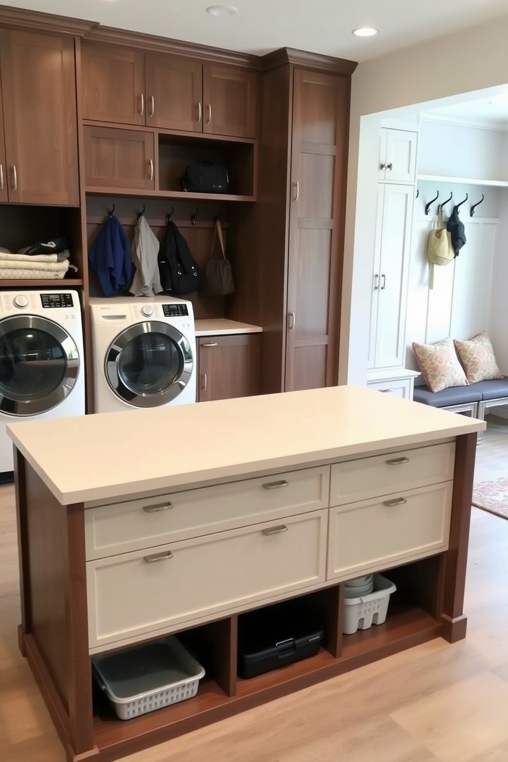 A spacious multi-functional island designed for sorting and folding laundry. The island features a smooth countertop with built-in storage compartments and comfortable seating on one side. The large mudroom is designed with ample space for organization and functionality. It includes custom cabinetry, a bench for seating, and hooks for hanging coats and bags.