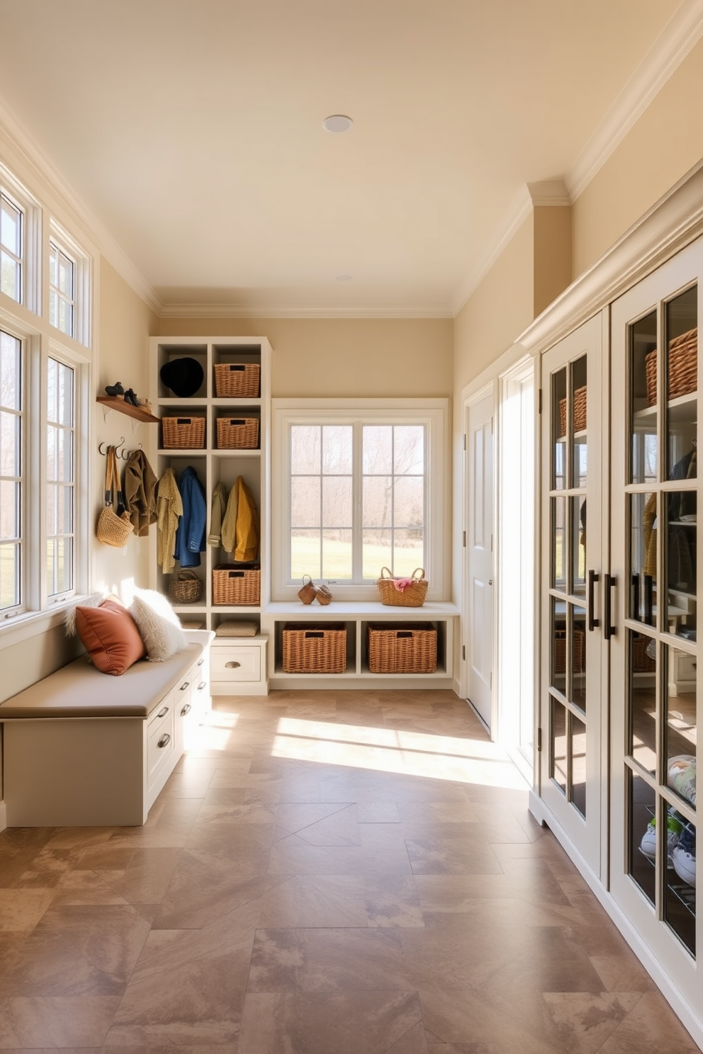 A spacious mudroom filled with natural light streaming through large windows. The walls are painted a soft cream color, and the floor is covered with durable, patterned tiles. A built-in bench with plush cushions sits against one wall, flanked by hooks for coats and hats. A large storage cabinet with glass doors displays neatly organized baskets and outdoor gear.