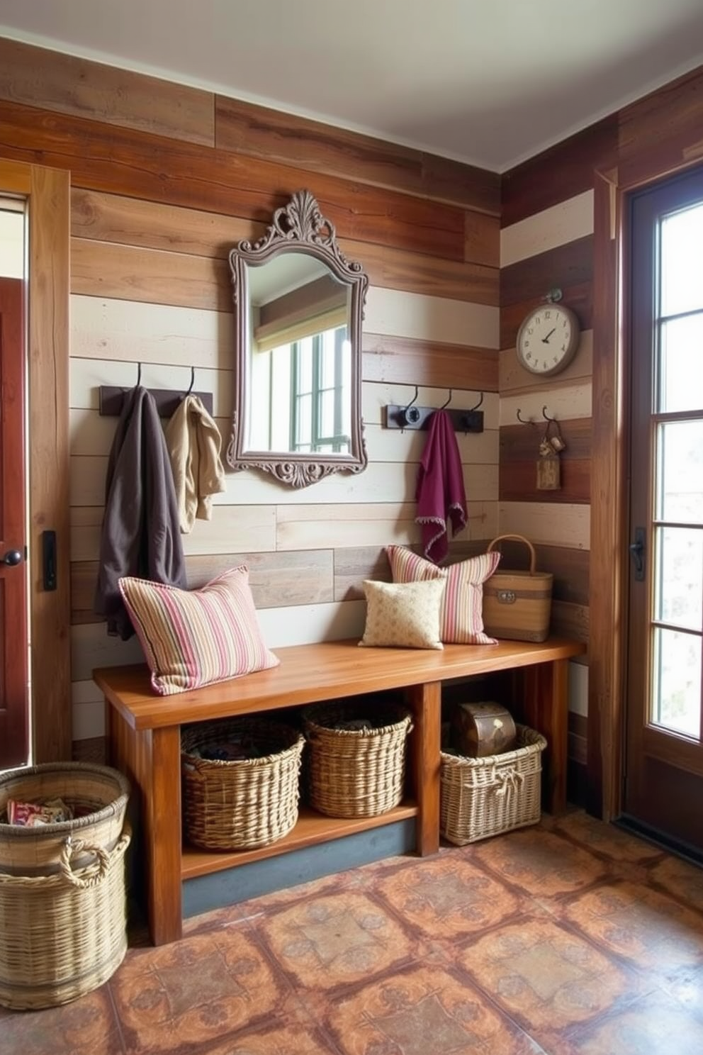 A rustic mudroom featuring reclaimed wood accents and vintage decor elements. The space includes a large wooden bench with cozy cushions and hooks for hanging jackets, complemented by an antique mirror above the bench. The floor is adorned with patterned tiles that add character, while woven baskets are neatly arranged for storage. Natural light floods the room through a large window, highlighting the earthy tones of the decor.