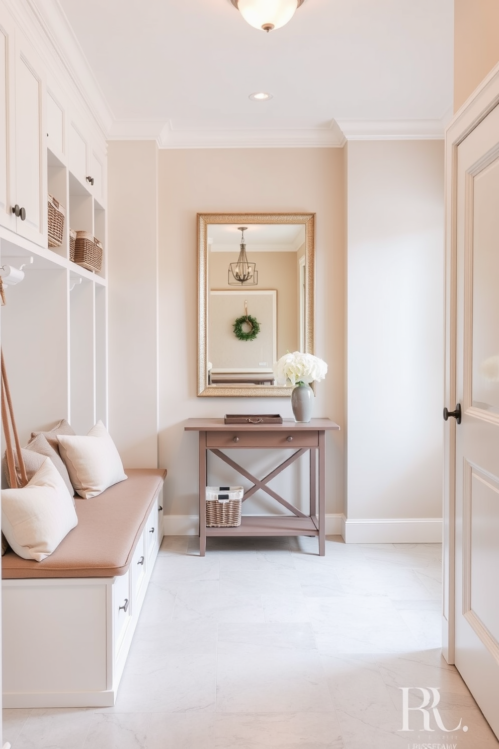 A spacious mudroom featuring a neutral color palette that promotes a calming atmosphere. The walls are painted in soft beige, complemented by white cabinetry and a light gray tile floor. Built-in benches with plush cushions provide comfortable seating, while open shelving displays neatly organized baskets. A large mirror hangs above a stylish console table, reflecting natural light from a nearby window.