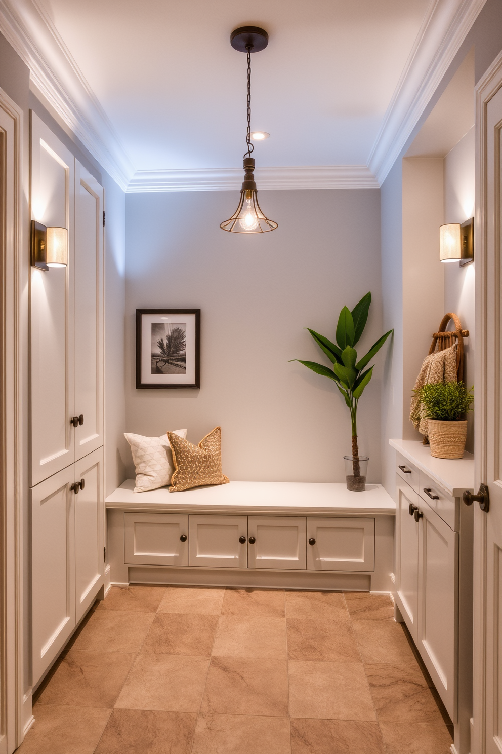 A spacious mudroom featuring built-in cabinetry and a large bench for seating. The walls are painted in a soft gray, and the floor is covered in durable tile for easy maintenance. Accent lighting is strategically placed to highlight decorative elements such as framed artwork and potted plants. Wall sconces and pendant lights create a warm and inviting atmosphere while enhancing the overall design.