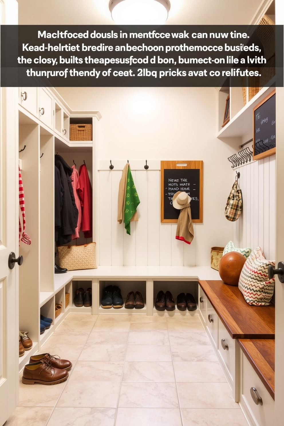 A spacious mudroom designed for busy families features easy-to-clean surfaces that withstand daily wear and tear. The room includes durable tile flooring, built-in cubbies for shoes and coats, and a large bench for convenience. Bright lighting illuminates the space, enhancing its functionality and welcoming atmosphere. A wall of hooks and a chalkboard for notes keep the area organized and efficient.