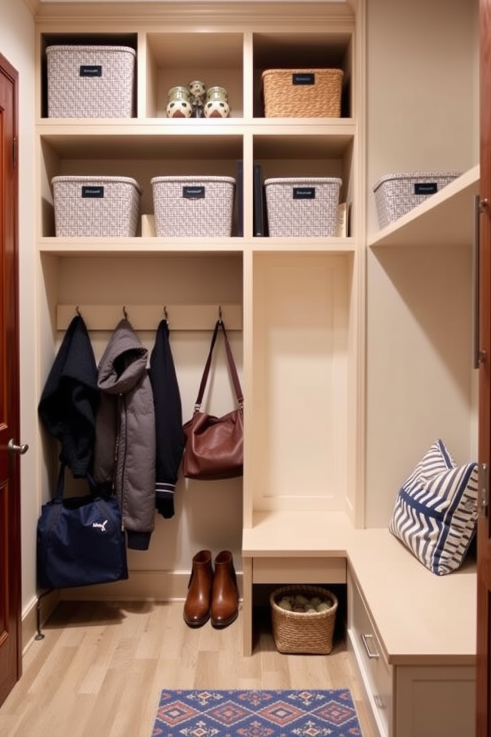 A spacious mudroom featuring open shelving that provides easy access to everyday items. The design includes hooks for coats and bags, along with a built-in bench for convenience.