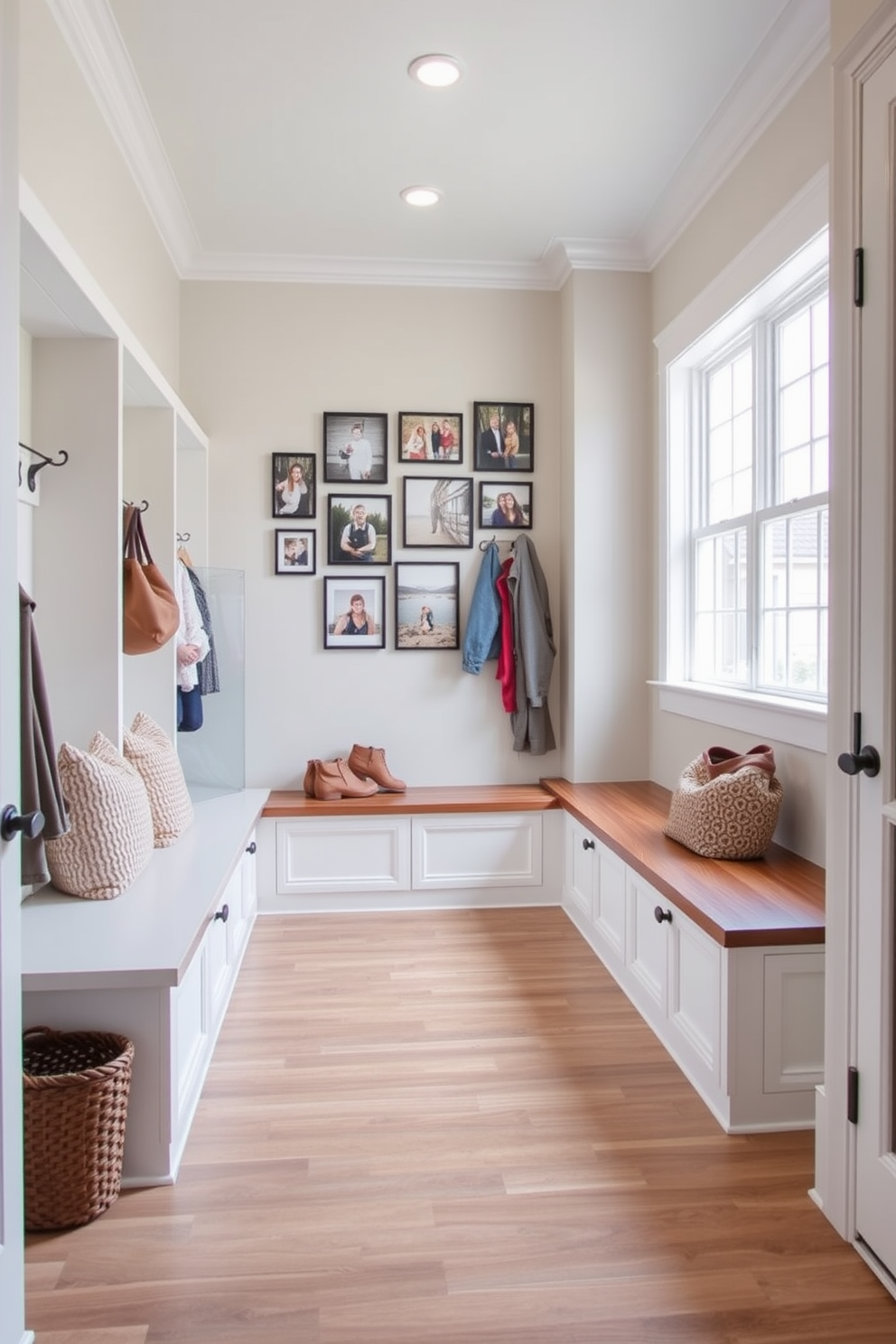 A spacious mudroom features built-in storage benches with soft cushions and hooks for coats and bags. Family photos are displayed on a gallery wall, adding a personal touch to the functional space. The flooring is a durable tile that mimics wood, providing warmth and practicality. A large window allows natural light to fill the room, enhancing the welcoming atmosphere.