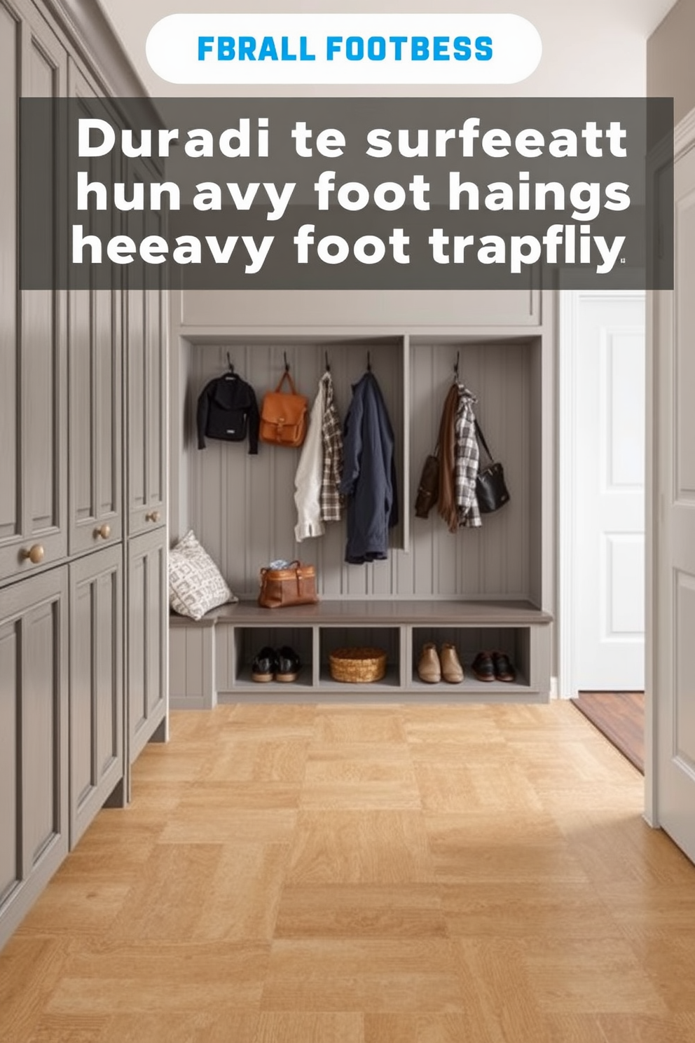 Durable tile flooring designed to withstand heavy foot traffic. The tiles feature a textured surface in a warm neutral tone, providing both style and functionality. A spacious mudroom with built-in storage solutions and a bench for seating. The walls are painted in a soft gray, and hooks are installed for hanging coats and bags, enhancing organization.