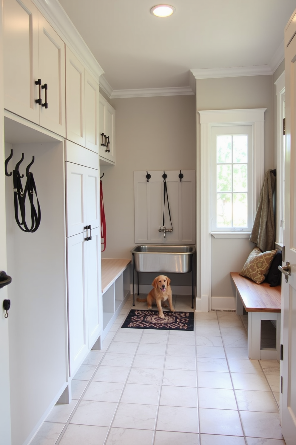 A spacious mudroom features a dedicated pet washing station with a tiled floor and a built-in shower. The walls are painted in a light gray hue, and there are custom cabinets for storage, along with a bench for sitting. The pet washing station includes a stainless steel tub and a handheld showerhead for convenience. Hooks for leashes and a decorative mat complete the functional yet stylish design.