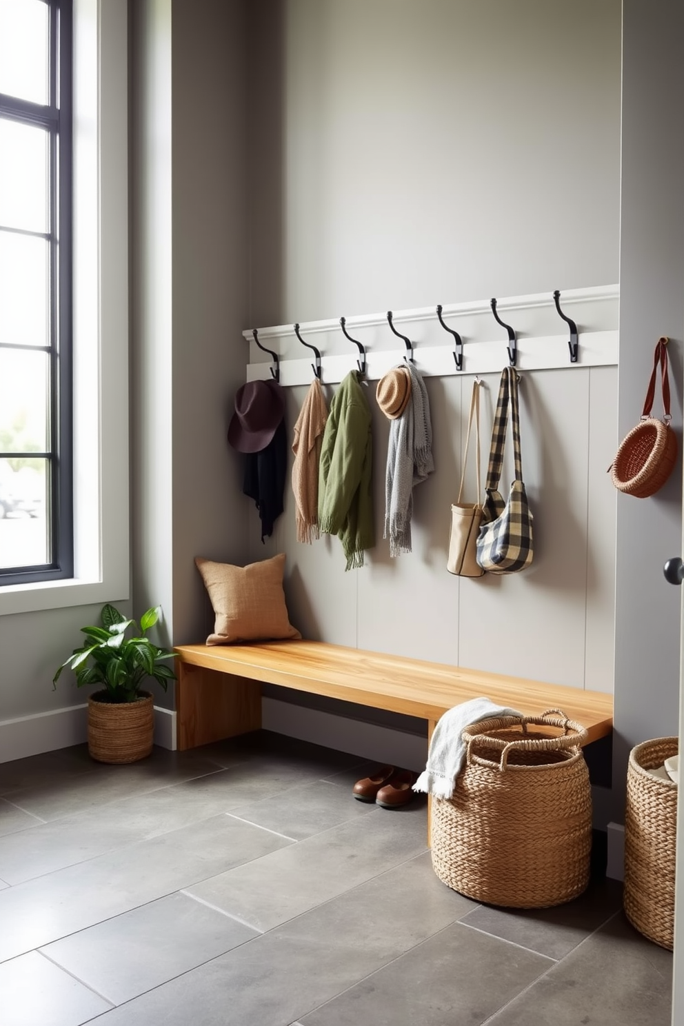 A spacious mudroom features an array of stylish wall hooks for coats and hats, providing both functionality and aesthetic appeal. The walls are painted in a soft gray tone, complemented by a durable tile floor that can withstand heavy foot traffic. Beneath the hooks, a long wooden bench offers a comfortable spot for putting on shoes, adorned with plush cushions for added comfort. Natural light streams in through a large window, illuminating the space and highlighting decorative elements like potted plants and a woven basket for storage.