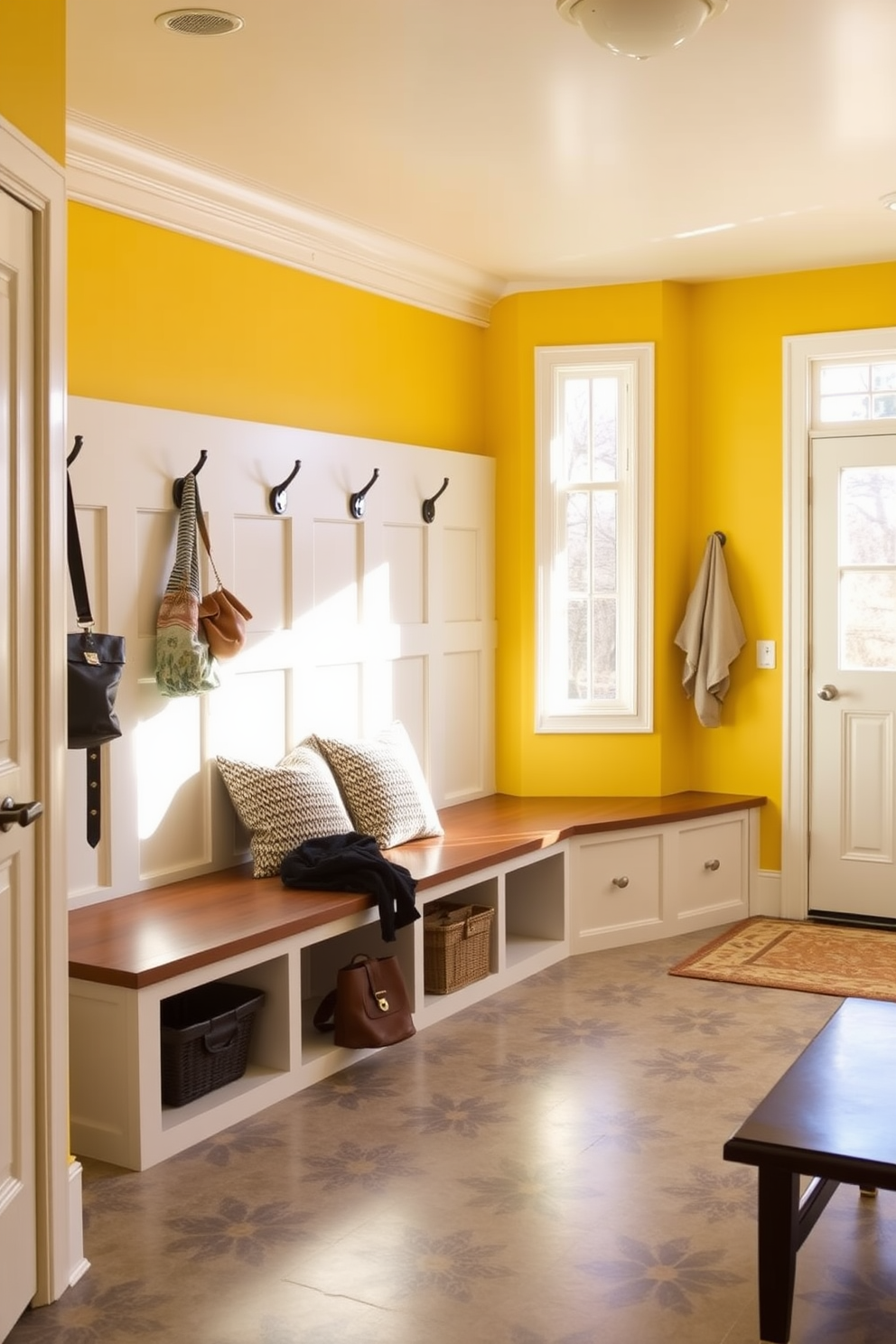 Bright accent walls to enhance natural light. The walls are painted in a vibrant yellow, reflecting sunlight and creating a warm atmosphere. Large mudroom design ideas. The space features built-in benches with storage, hooks for coats, and a stylish tile floor that is both functional and inviting.