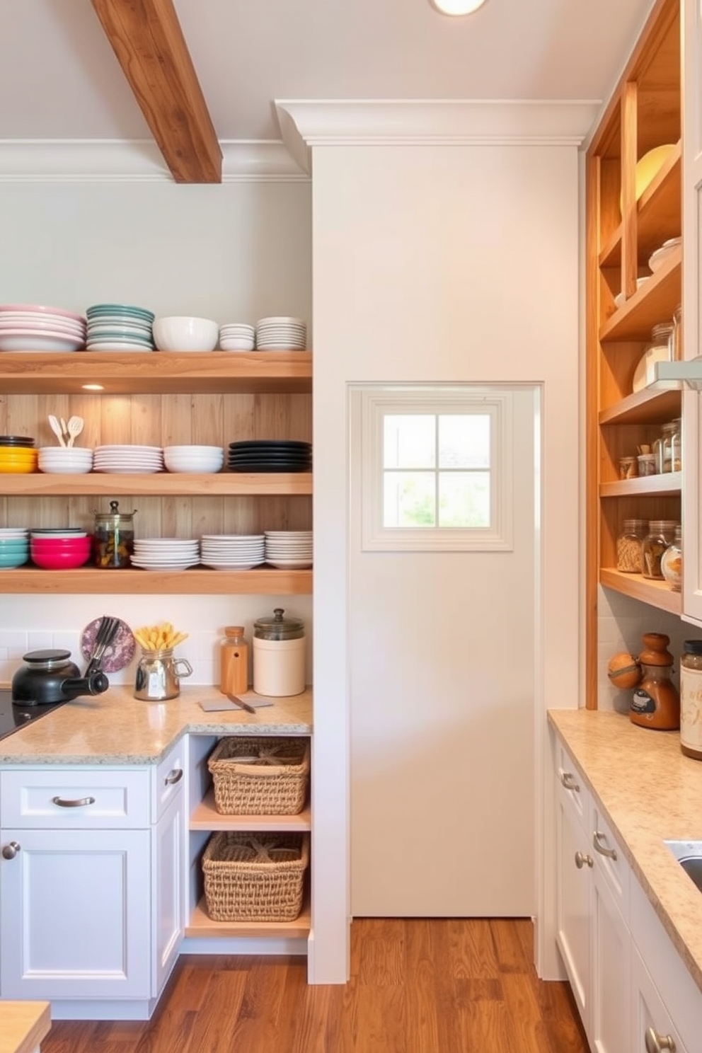 Open shelving with rustic wood accents creates a warm and inviting atmosphere in the kitchen. The shelves are filled with an array of colorful dishes and glass jars, showcasing a blend of functionality and style. Large pantry design ideas focus on maximizing space while maintaining an organized and aesthetically pleasing look. Incorporating built-in cabinetry and ample countertop space allows for easy access to ingredients and cooking essentials.